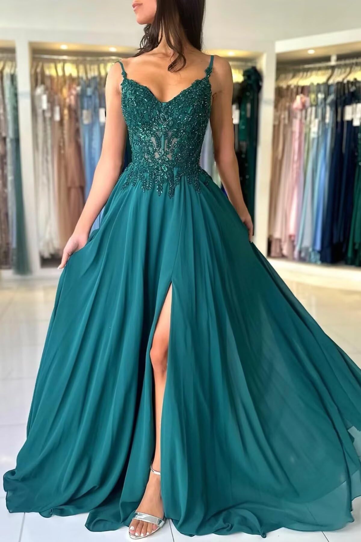 Damen Chiffon Ballkleider Lang V-Ausschnitt Spitzenapplikationen Brautjungfernkleid A-Linie Abendkleider mit Schlitz