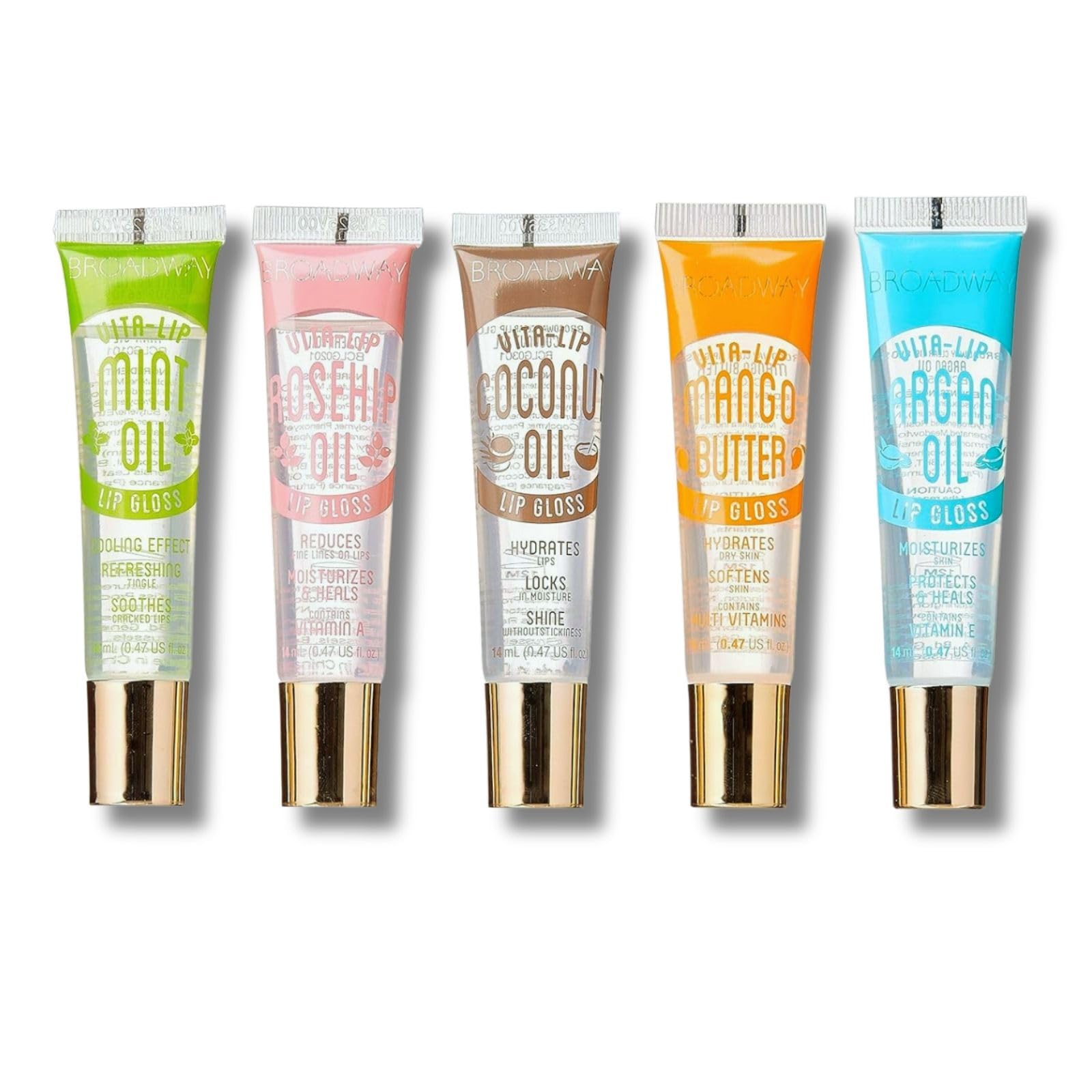 Broadway Hydrating Lip Gloss, LIP GLOSS SET- 0.47oz/14ml (5PC SET Mint, Coconut, Rosehip, Mango Butter & Argan Oil) (5 PCS Bundle)- Tropical Tranquility Collection