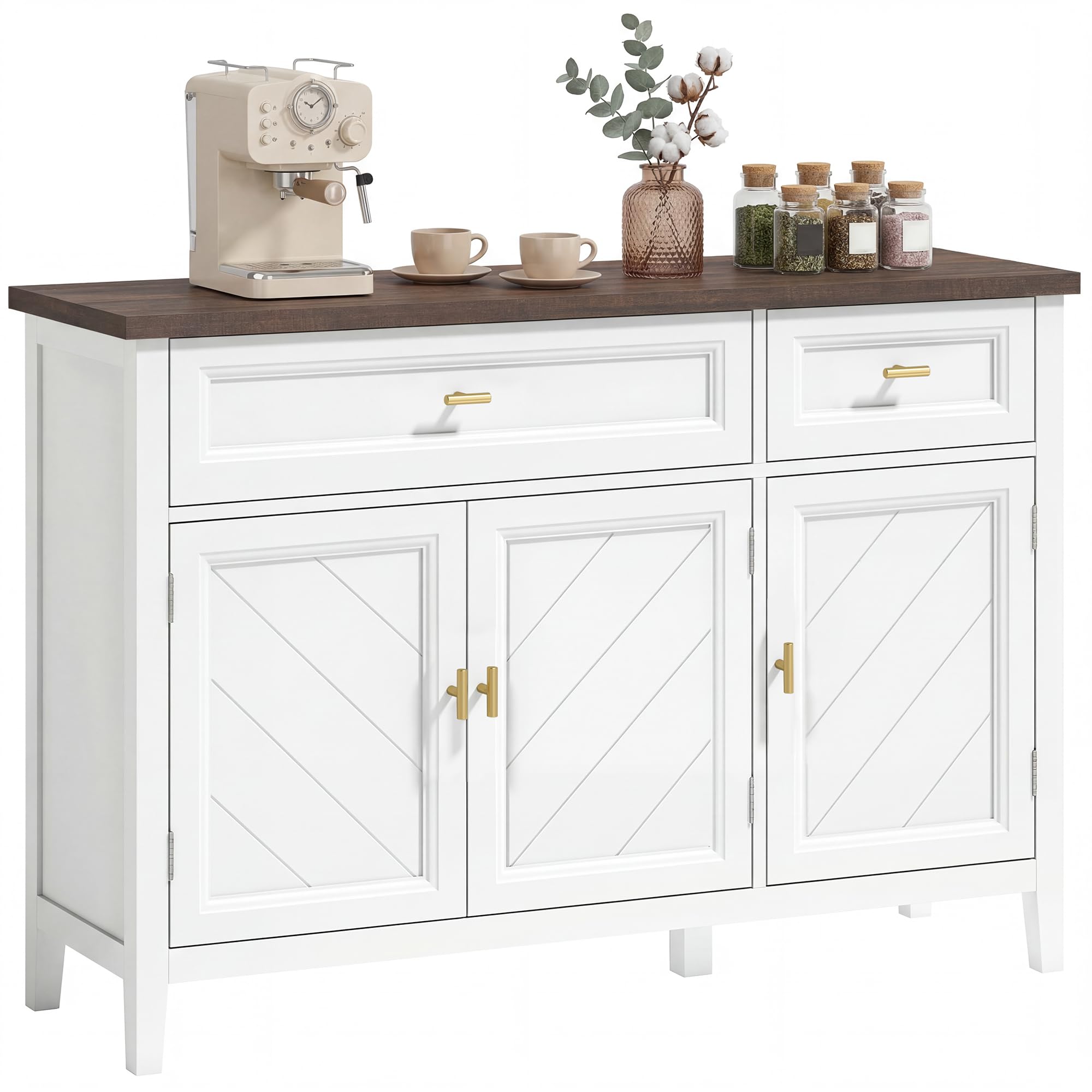 HOMCOM Sideboard with Thick Top, Modern Storage Cabinet, Kitchen Cupboard with 3 Doors, 2 Drawers and Adjustable Shelves for Dining Room, Living Room, White and Brown Wood Effect