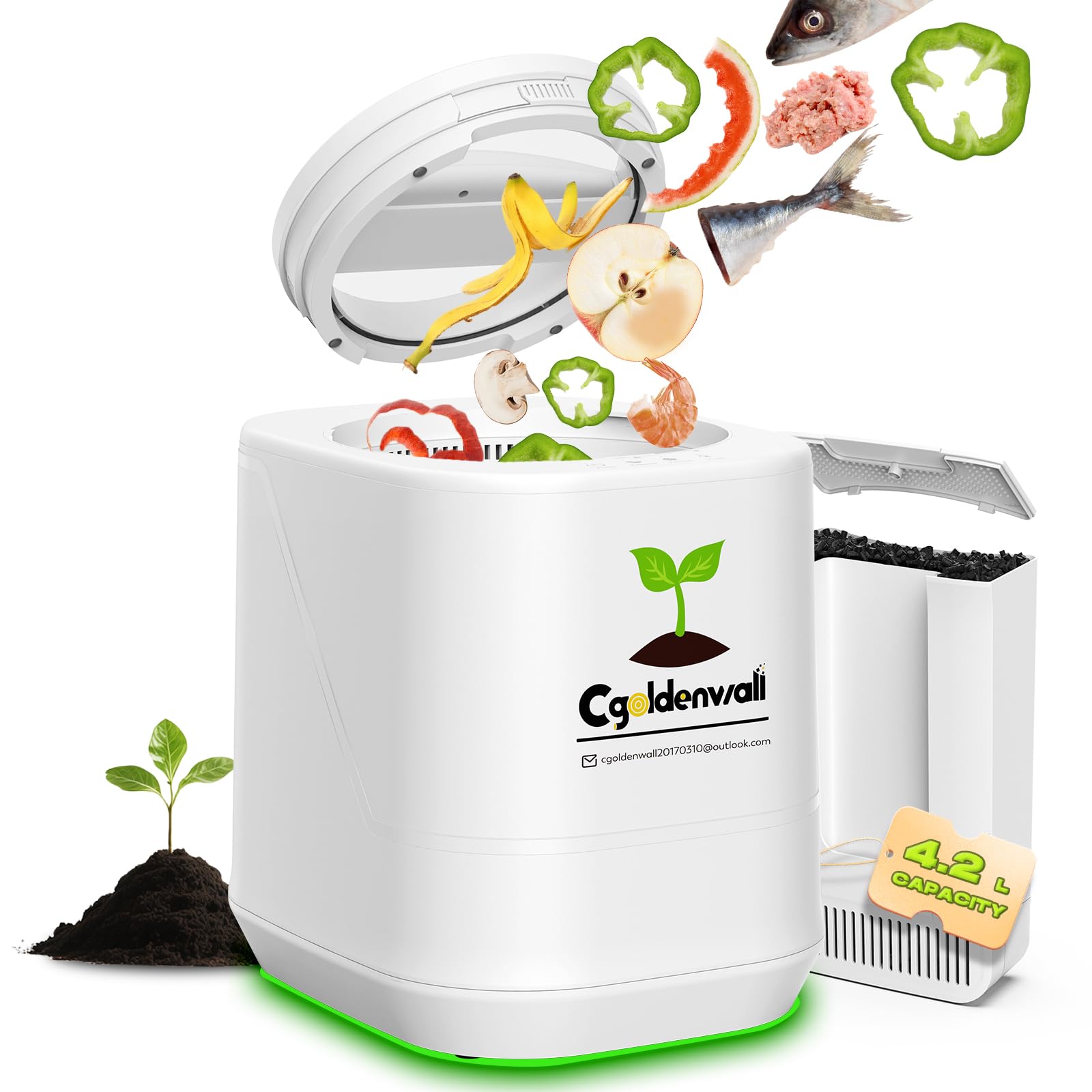 CGOLDENWALL Compostador Eléctrica de Cocina 4.2L, Compostaje Inteligente con Modos Express y Fermentación, Reducción 90‑95% de Residuos, Sin Olor, Autolimpieza, Blanco