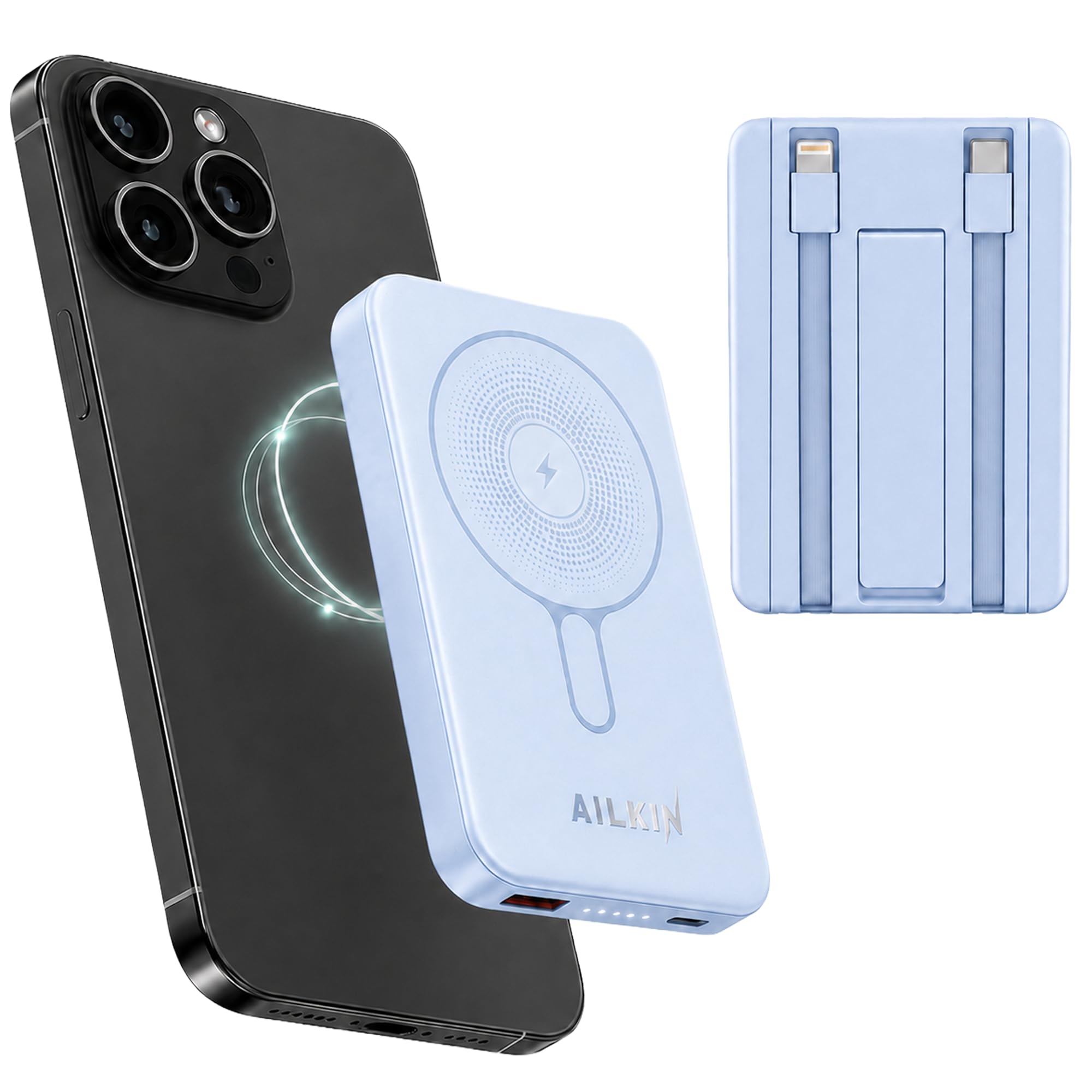 AILKIN 10000mAh Magnetic Wireless Power Bank with Built-in Lightning & Type-C Cables, 22.5W Fast Charging, Foldable Kickstand, Slim Portable Charger Compatible with iPhone 15/14/13/12 & Android-image-40