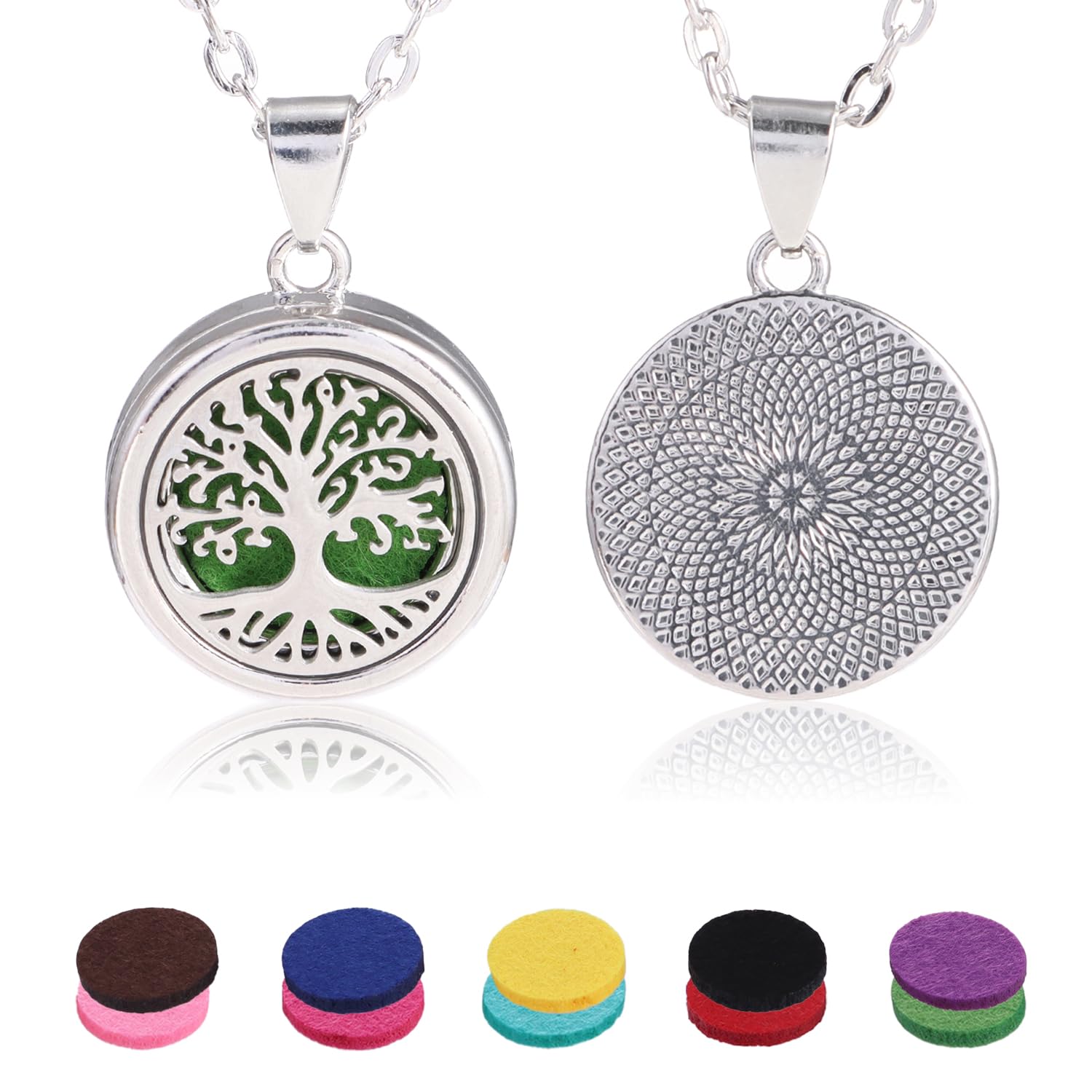 YWLI Essential Oil Diffuser Necklace Aromatherapy Locket Pendant Necklace Stainless Steel Tree of Life Necklace Pendant with 10 Pcs Refill Pads