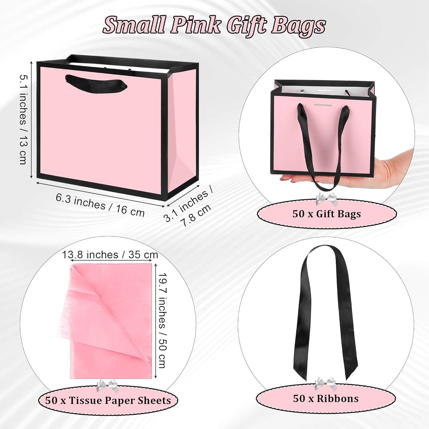 MIMIND 50 PCS Small Pink Gift Bags with Handles, Party Favor Bags Bulk with Tissue Paper & Ribbons, 6.3 x 5.1 x 3.1 Inch Treat Bags for Weddings Baby Showers Events Party Supplies - Image 2
