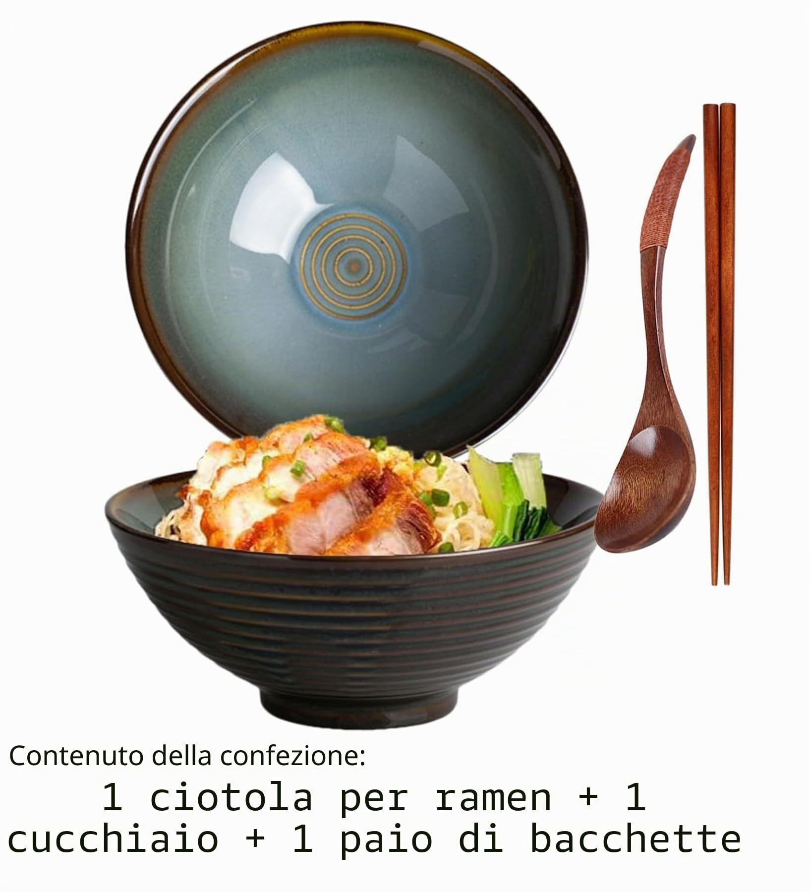 Zuppiera giapponese in ceramica con cucchiaio, bacchette - Zuppiera ramen da 1200 ml per cereali e insalate