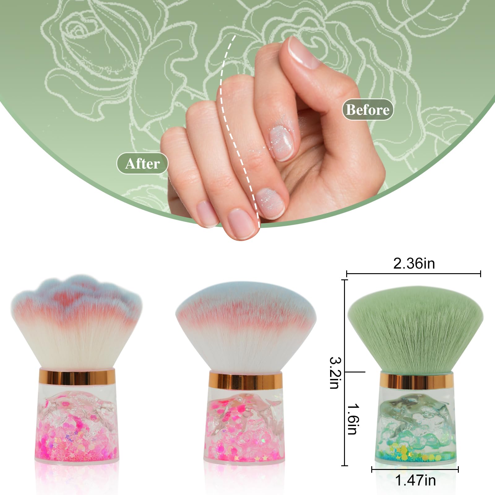 Cepillo de polvo de uñas para artes, removedor de polvo, colector, rubor, brochas de maquillaje, herramientas acrílicas (verde-cabeza redonda)