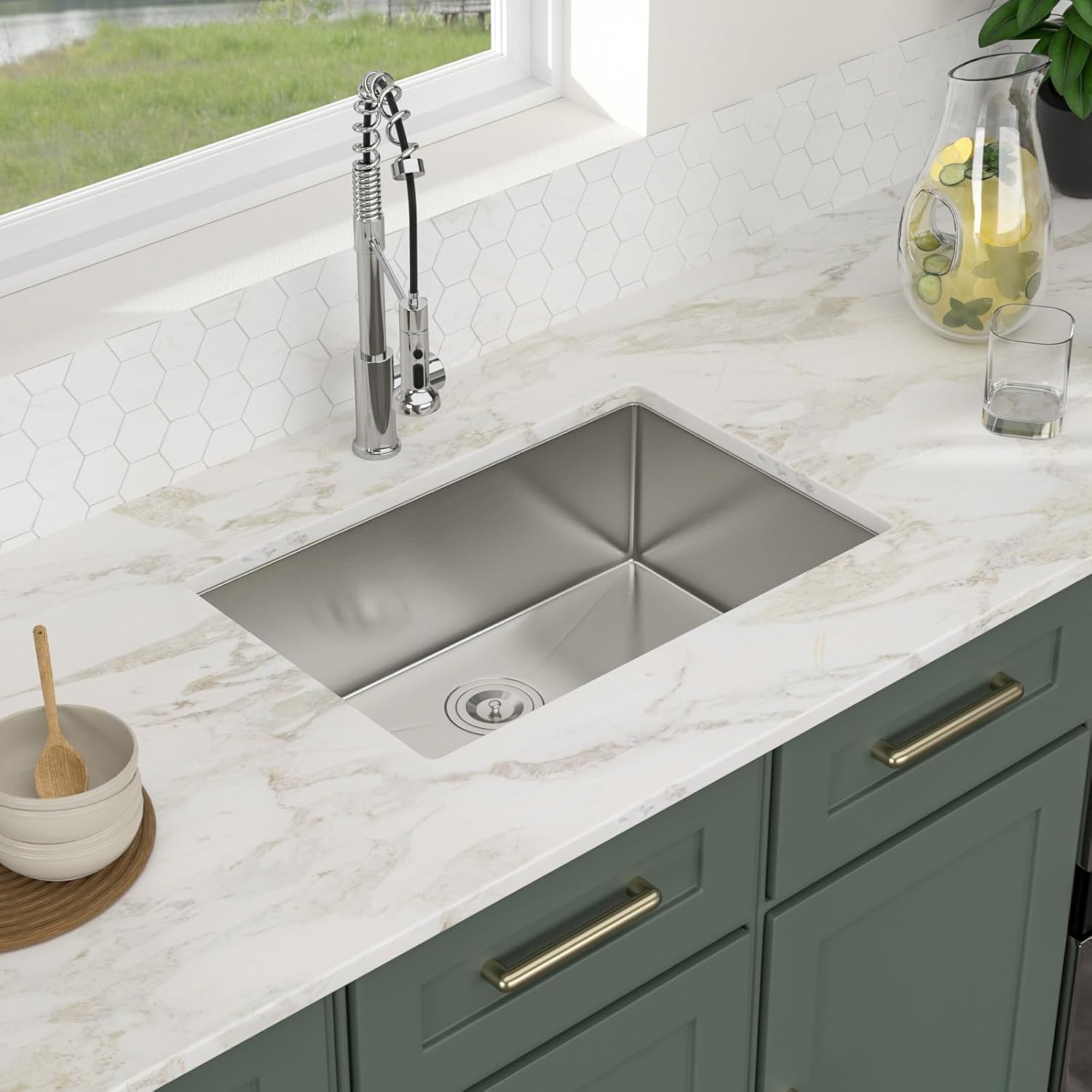 Logmey 27 Inch Undermount Kitchen Sink 27x18 In Handmade Stainless Steel Kitchen Sinks 16 Gauge 9 Inch Deep Single Bowl Sinks 27x18x9 Inches Under Counter Handmade Sink