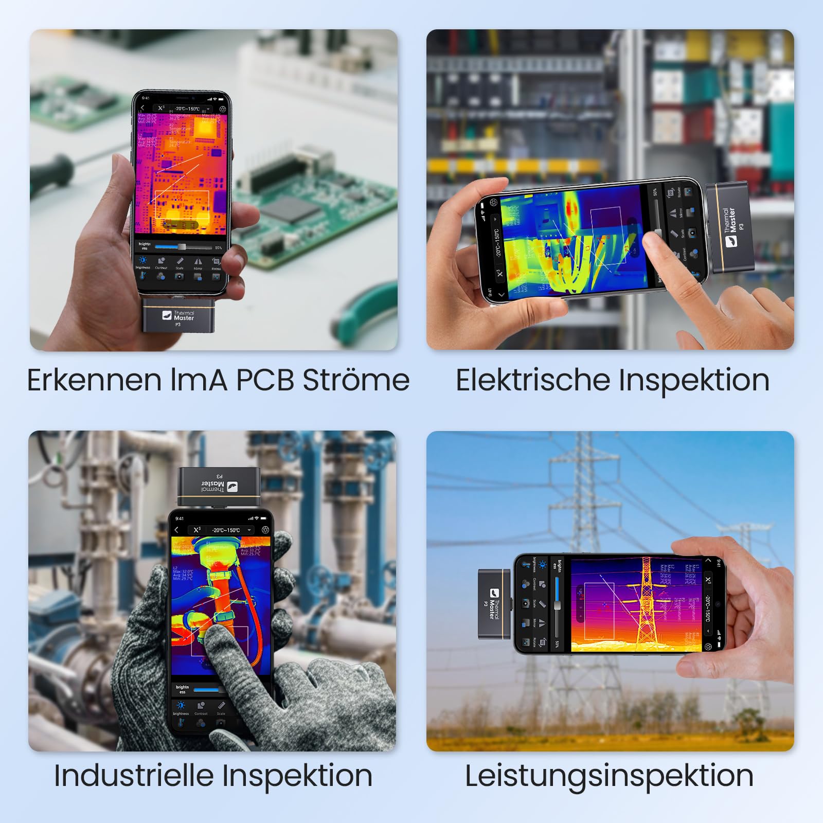 Wärmebildkamera P3 für iPhone und Android Infrarot Kamera Einstellbares Objektiv Super IR Auflösung 512x384, -20℃-600℃ Wärmebildkamera für PCB Inspektion, Schwarz
