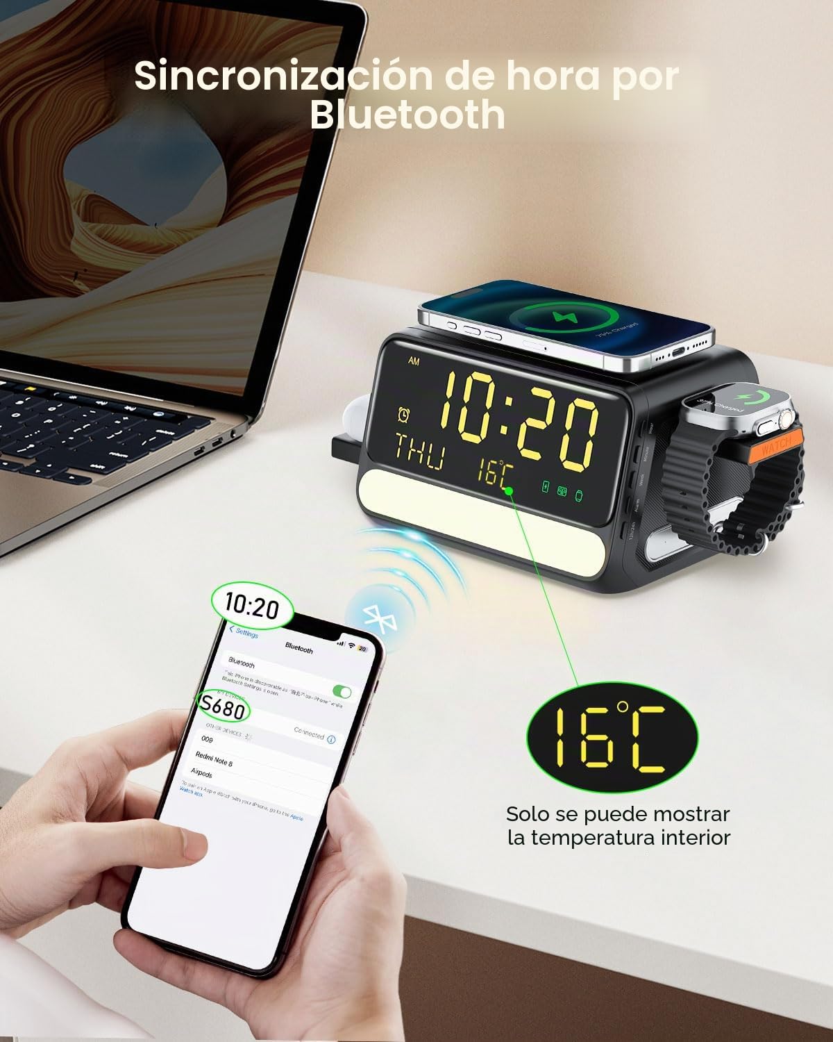 Estación de carga inalámbrica 7 en 1 con despertador, luz nocturna con control de voz, temperatura y fecha, adaptador de 33W, soporte de carga rápida compatible con iPhone Samsung, Apple/Samsung Watch
