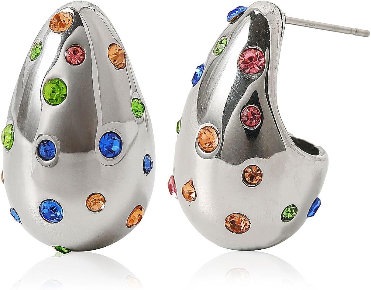 Teardrop Earrings for Women Chunky Gold Rhinestone Earrings Cubic Zirconia Silver Hoop Earring Water Drop Valentine's Day Jewelry for Women Lover Mom