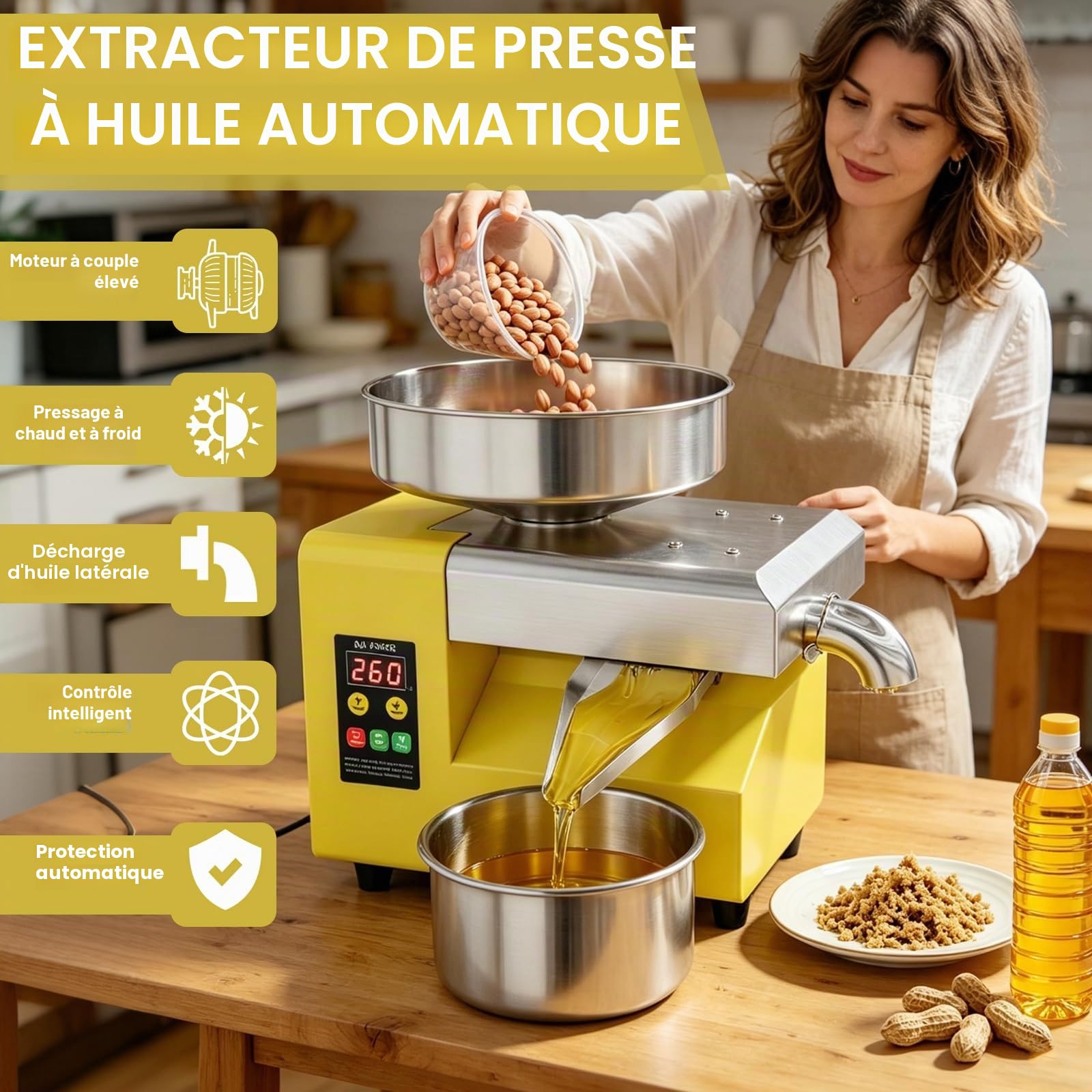 Presse à huile 1500 W, extracteur d'huile froide et chaude intelligent avec trémie de grande capacité de 235 mm, machine à huile compacte en acier inoxydable, économise de l'espace, sortie de 5 à 9 kg