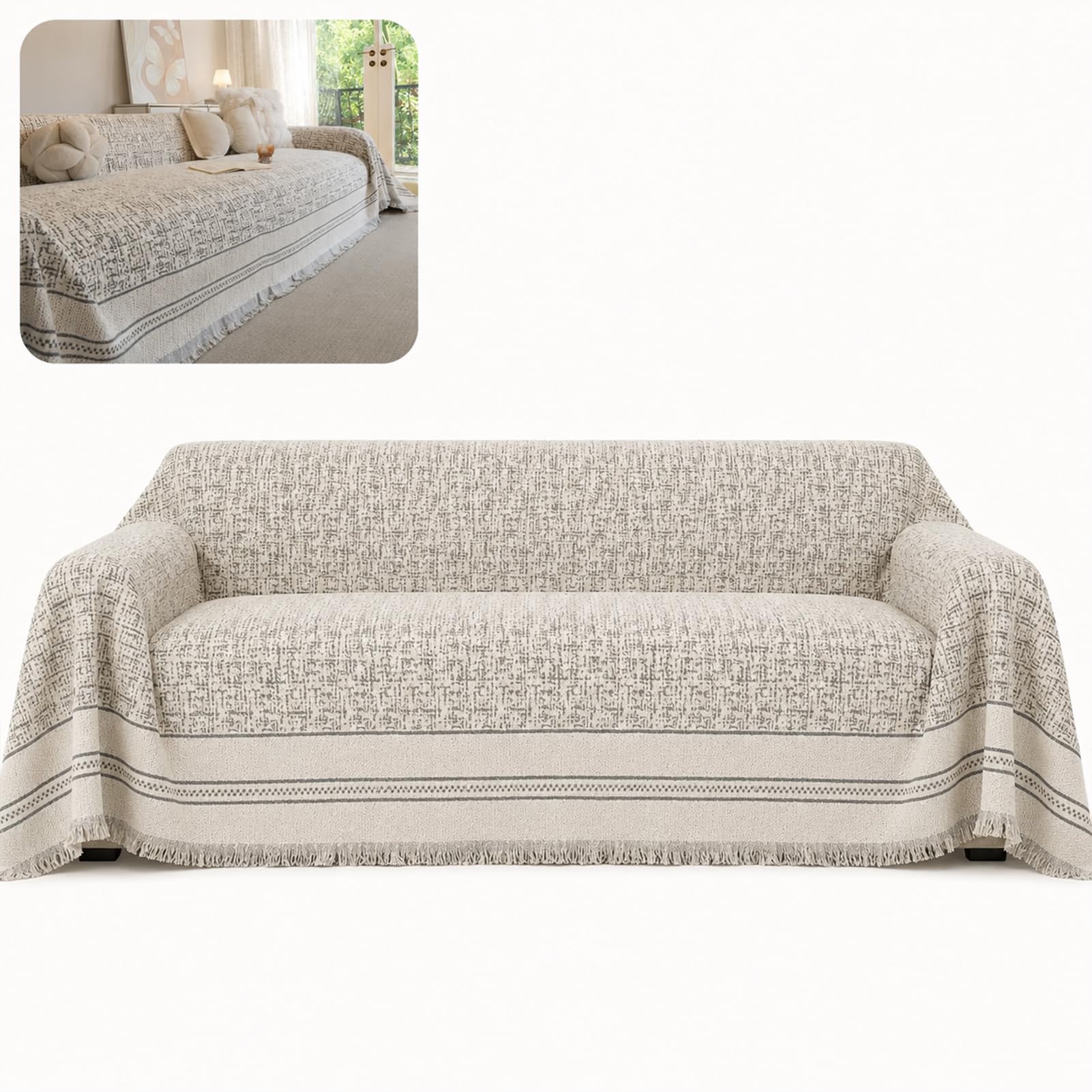 TJKK Boho Chenille Couch Cover for Dogs, Non Slip Sofa Cover, Couch Slipcover Covers for 2/3 Cushion, Furniture Protector with Tassels for Pets Washable (180x380cm,grey)
