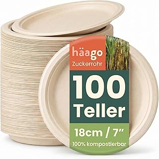 HAAGO 100 Extra Stabile Kompostierbare Zuckerrohr Teller, 18 cm / 7 Zoll – Dessertteller, Kleine Pappteller – Fett- & Auslaufsicher – Biologisch Abbaubare Partyteller, Einwegteller für Partys