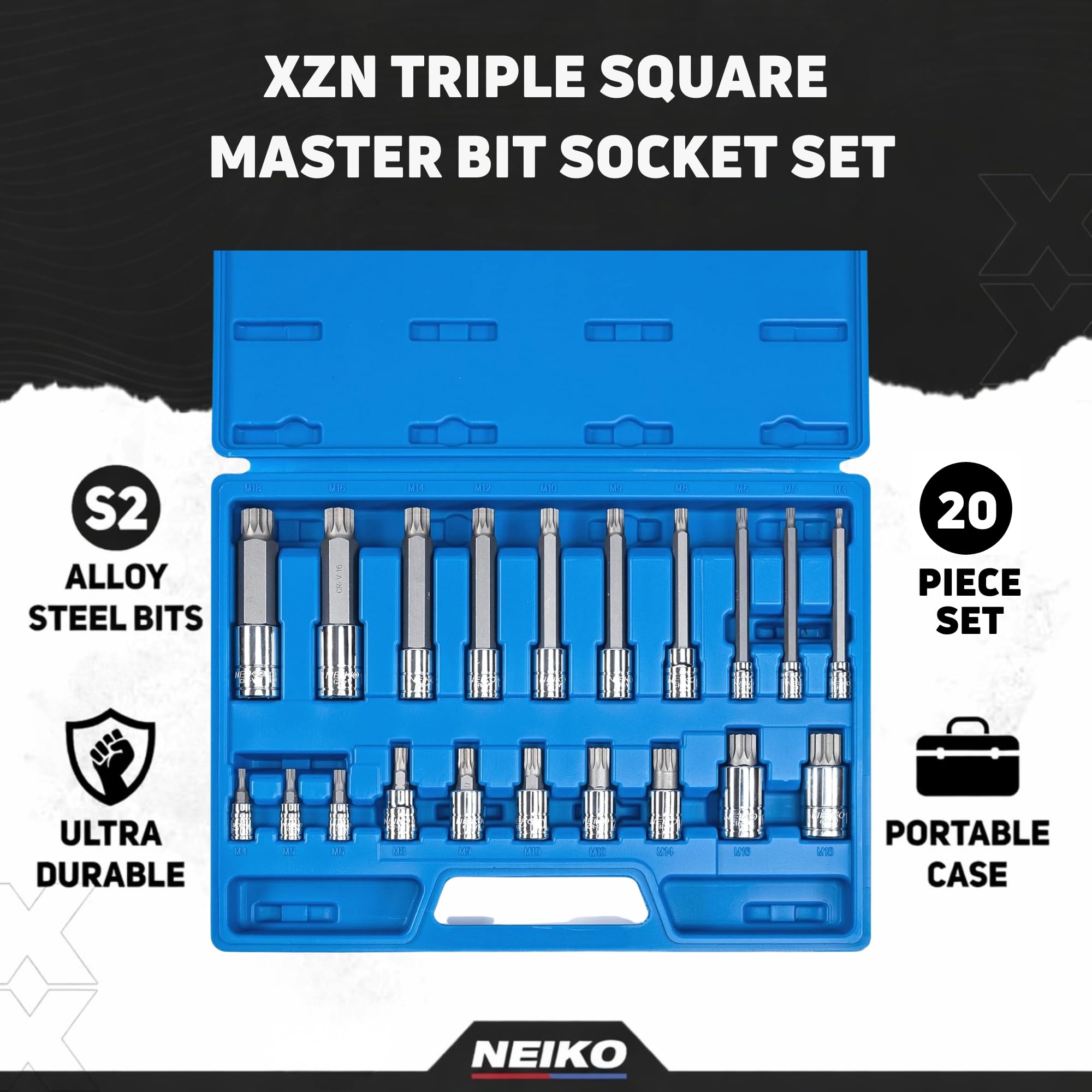 NEIKO 10057A XZN Triple Square Bit Set, 20-Piece Set, Spline