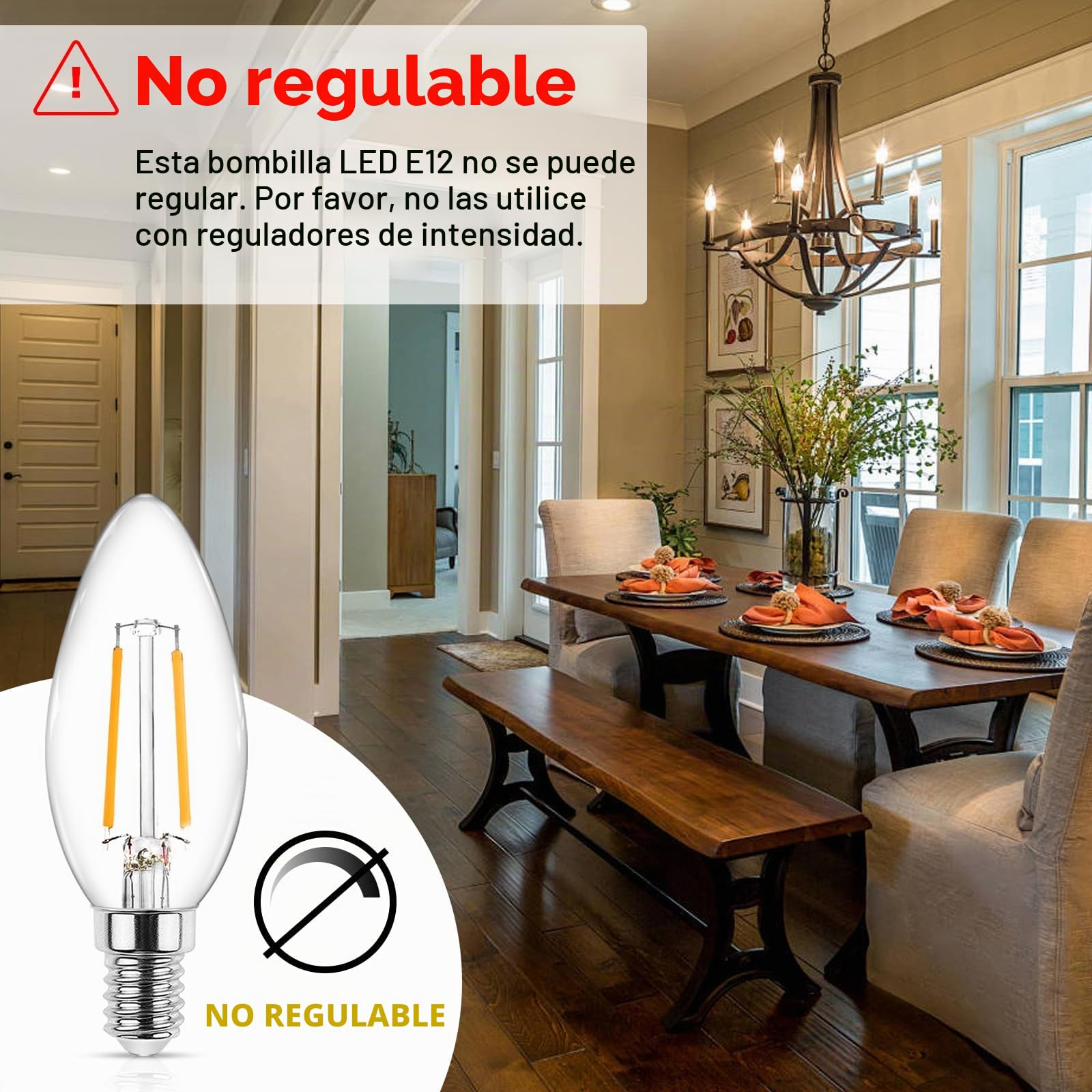 Ascher Bombilla LED E12 clásica transparente para candelabro, 4 W, equivalente a 40 W, blanco cálido 2700 K, no regulable, filamento de vidrio transparente, paquete de 5
