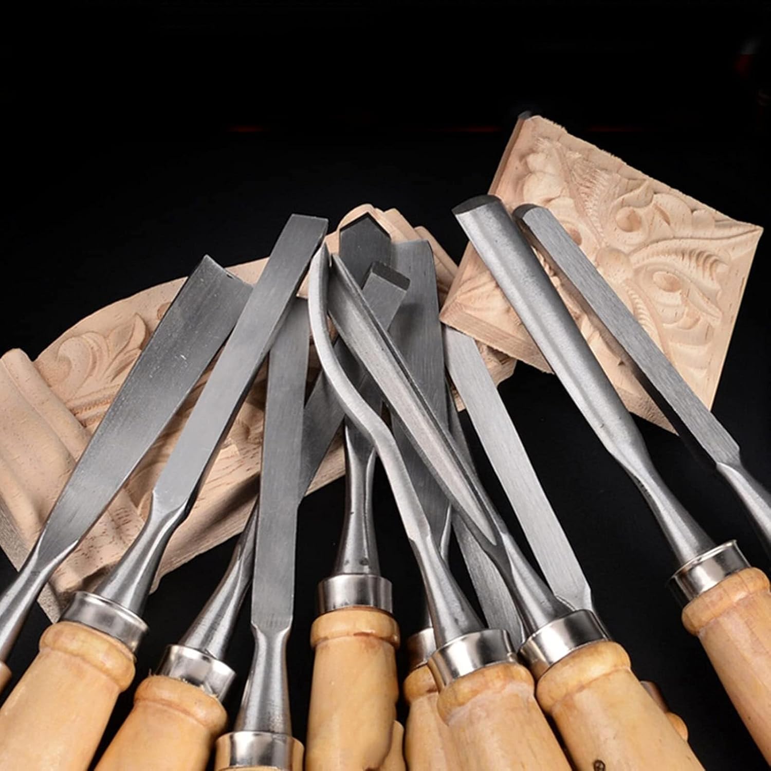 12-Piece Professional Wood Carving Chisel Set, Carbon Steel Lathe Tools with Ergonomic Wooden Handles, Includes Butt, Corner, Skew, Round & Arc Gouges