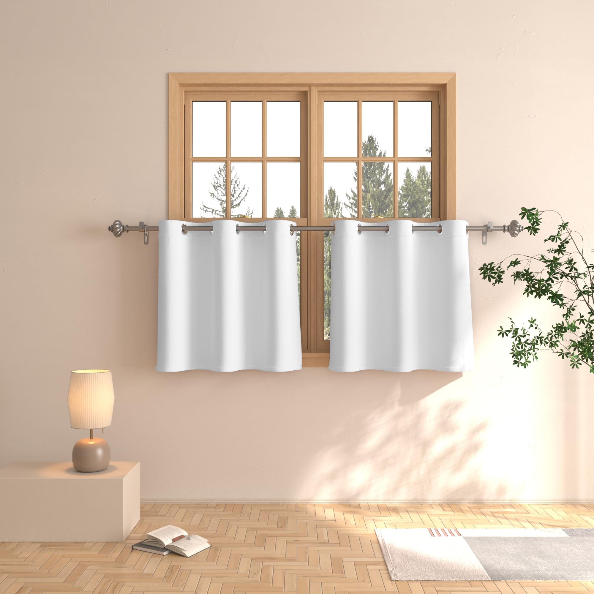 Rideaux gris blancs 61 cm pour une cuisine ou salle de bain lumineuse