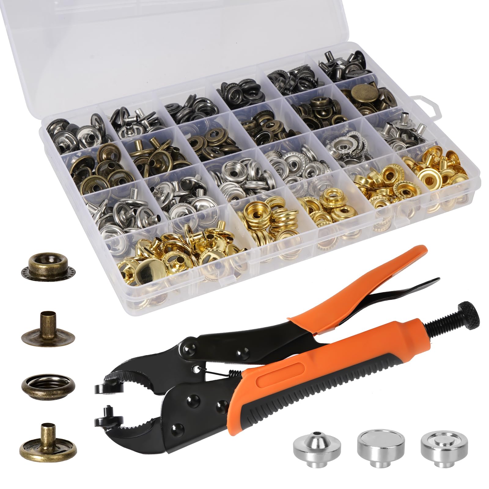 Pinza Per Bottoni Automatici A Pressione, con 3 Stampi Magnetici e 100 Set Di Bottoni a Pressione Metallo Da 15 mm, per Fai da Te Riparazione Di Coperture Di Barche, Tela, Cucito, Teloni, Jeans