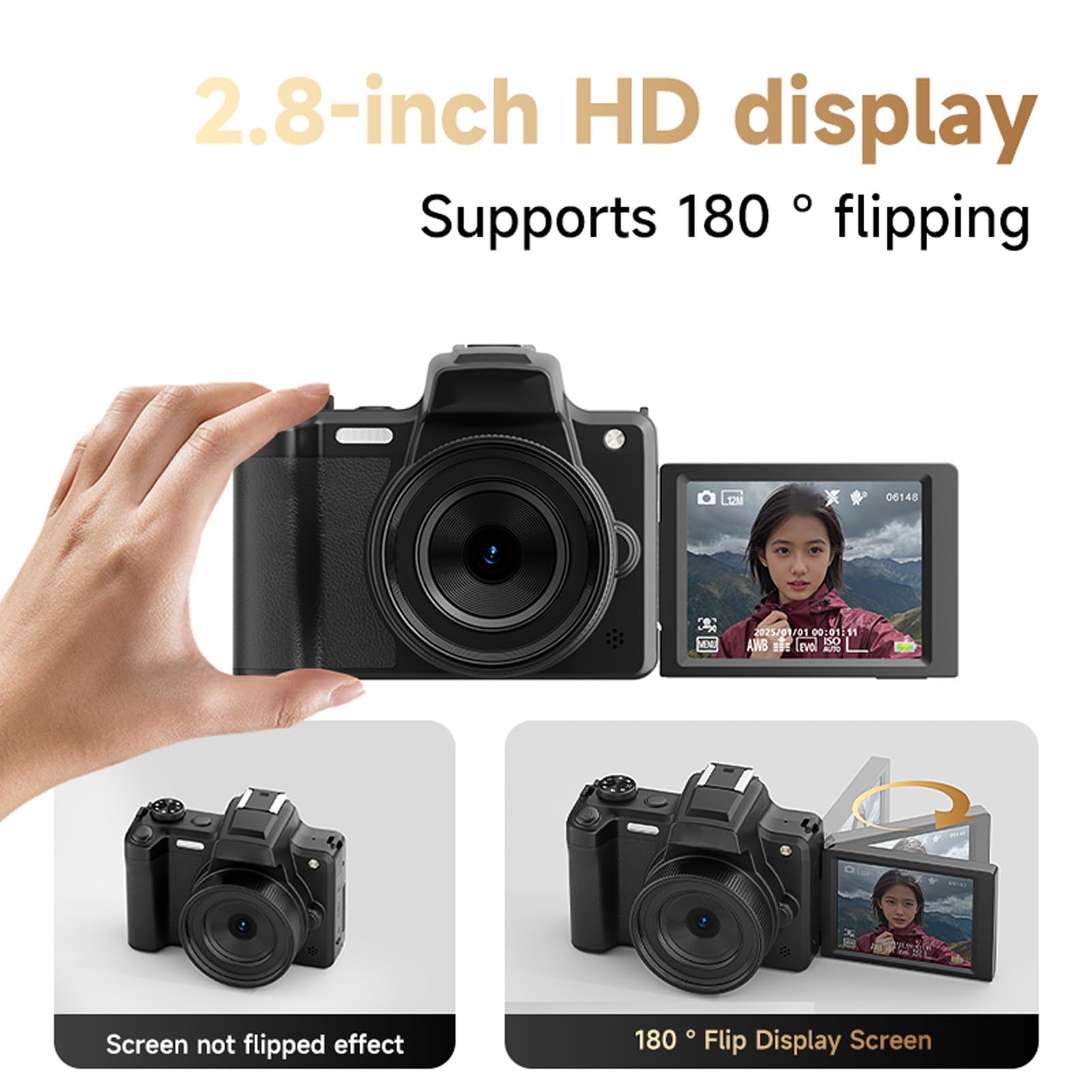 XUMIUZIY Fotocamera Digitale, Video 4K da 68 MP Zoom 28X AF MF con Supporto per Flash Hot-shoe da 2,8 Pollici con Flip Screen da 180 Gradi per la Fotografia