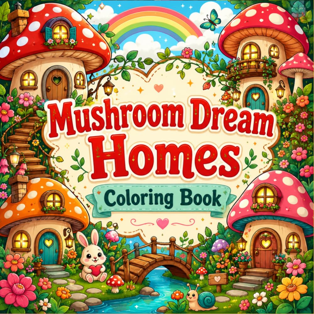 Mushroom Dream Homes Coloring Book with Cozy Fantasy Cottages, Cute Woodland Animals, Enchanted Gardens, and Whimsical Forest Scenes