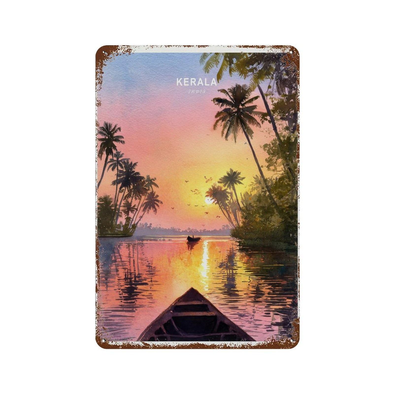 xiaoxiaoshen Kerala India – Watercolor Travel Sunset Backwaters Tropical Landscape (2) Wall Decor Art Metal Tin Poster Modern Home Decor Art Home Bar Shop Decorations Vintage Sign 30x20cm