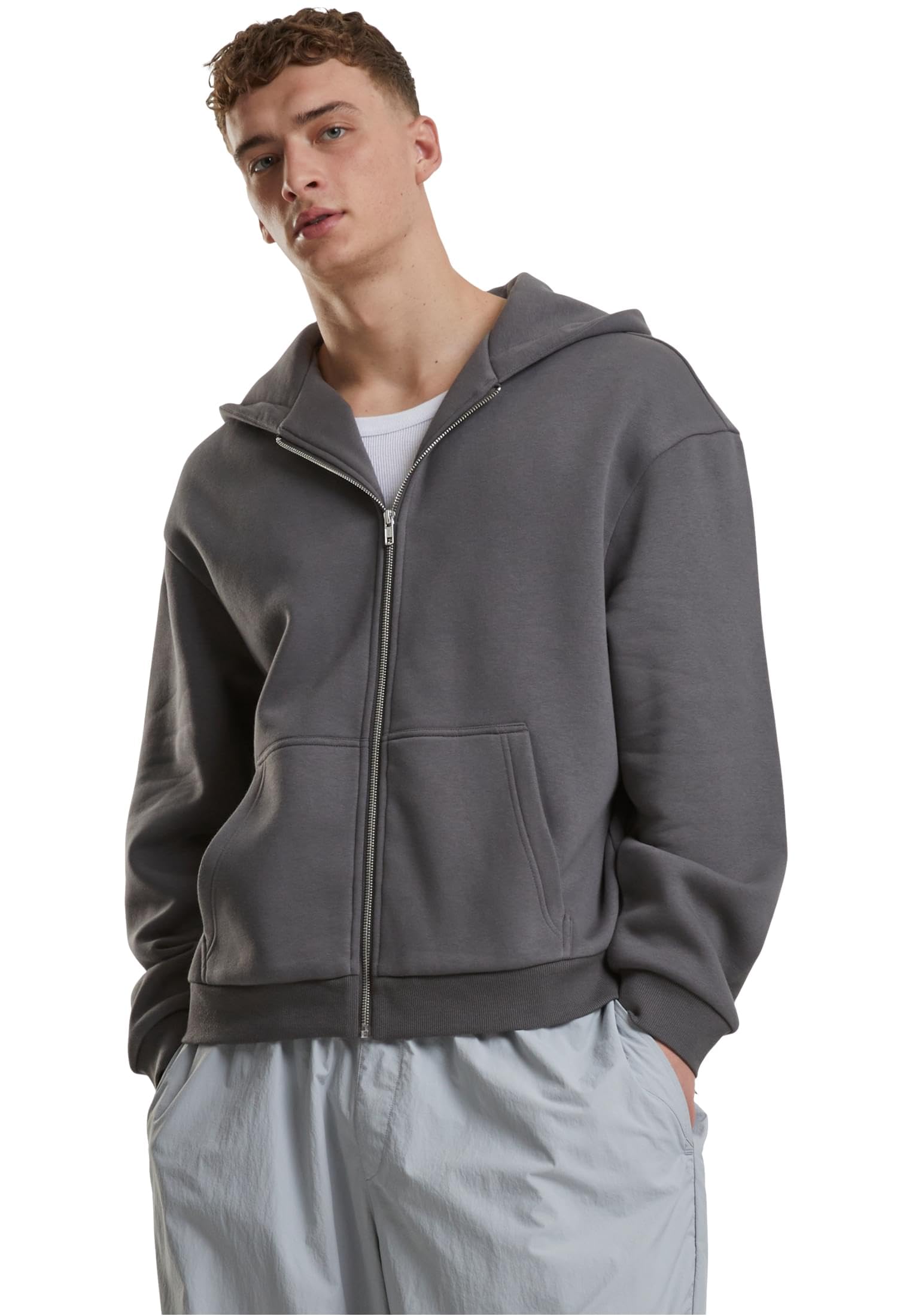 Urban Classics Męska bluza z kapturem Fluffy Zip Hoody, puszysta bluza z kapturem z zamkiem błyskawicznym, bluza z kapturem dla mężczyzn, oversize fit, Magnet, XXL