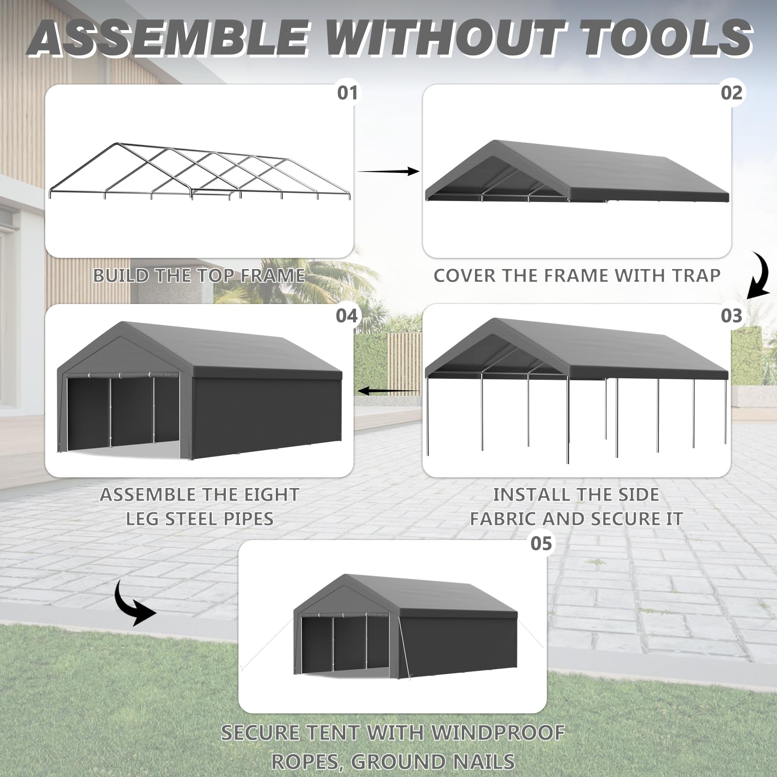 Pavillon XXL Carport 4x8m mit Stabil PE Plane, UV-beständig wasserdicht, abnehmbaren Seitenwänden, Dachverstärkung, Metallrahmen, Garagenzelt für Auto, LKW, Party, temporäre Werkstatt, Grau