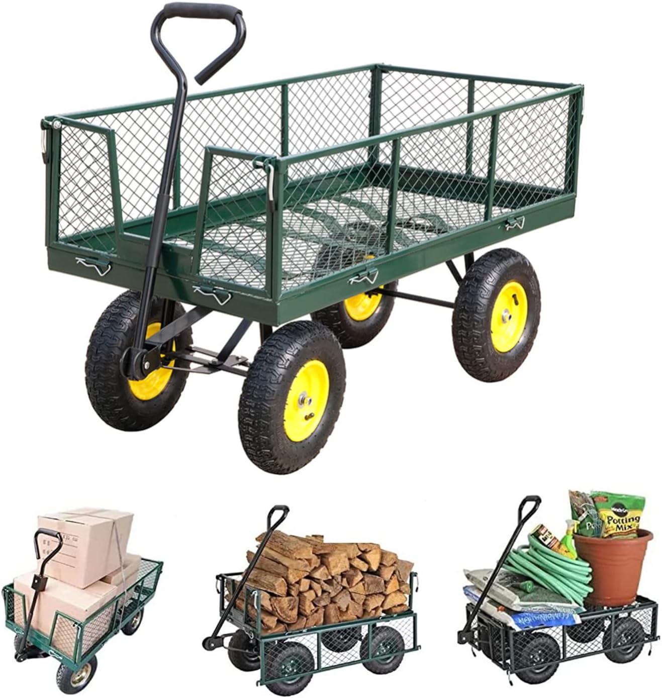 Amazon.co.jp JOOHY ガーデンカート カゴ台車 運搬車 120X60X63CM 耐荷重250kg 空気圧タイヤ サイド