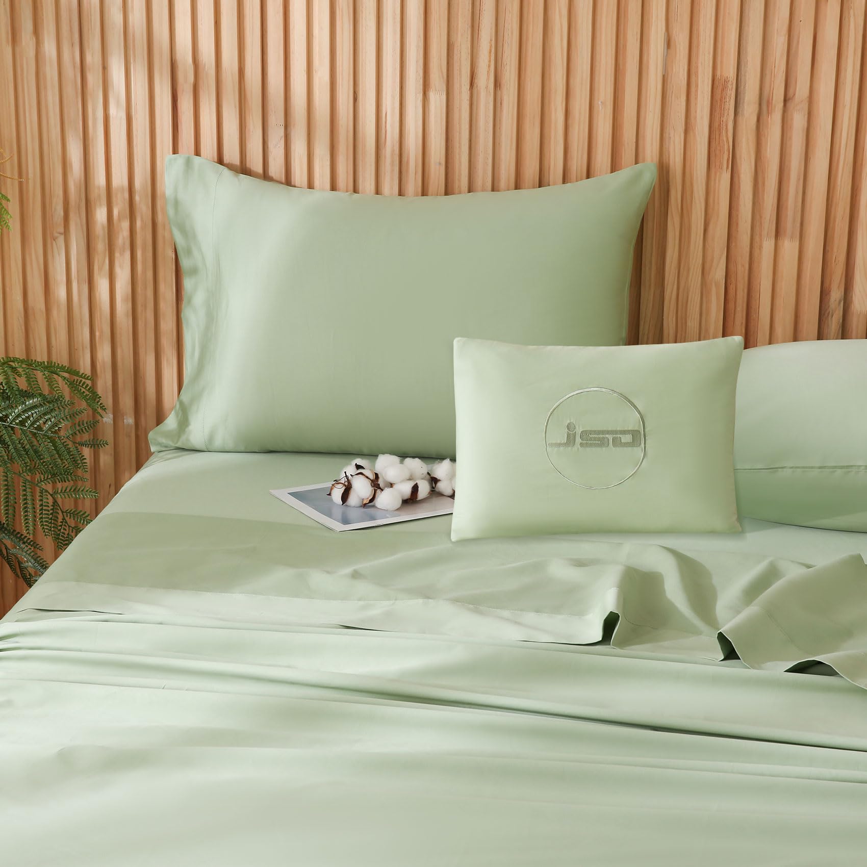 JSD 100% Organic Cotton Full Sheet Set, 300 Thread Count Sateen Weave Breathable Cooling & Silky Soft, Sage Green Bed Sheets Deep Pocket