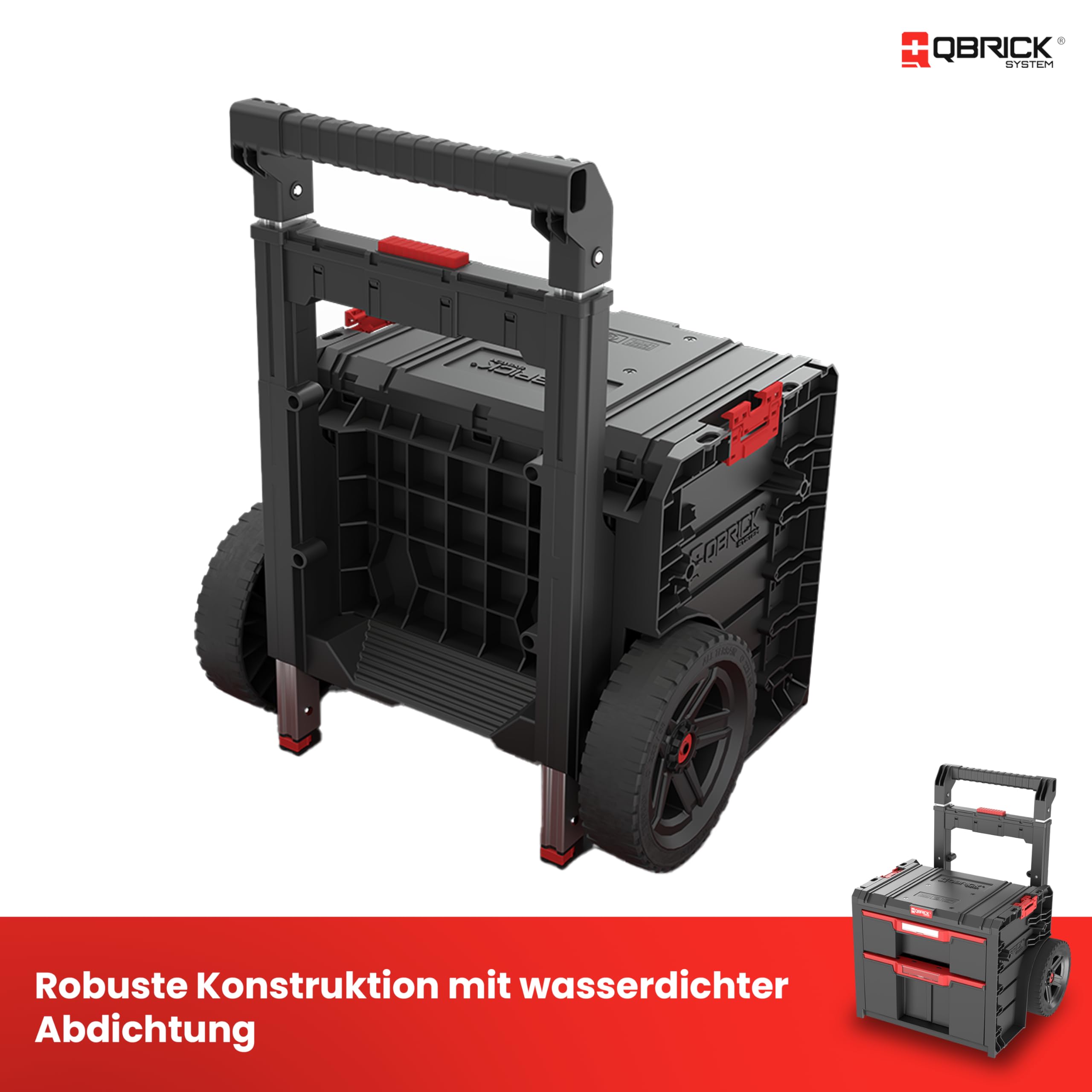Qbrick System Werkzeugwagen Pro Cart 2.0 Plus Drawer 2 Black Werkzeugtrolley Werkzeugkoffer mit 2 Schubladen Robust Werkzeugkasten Modular