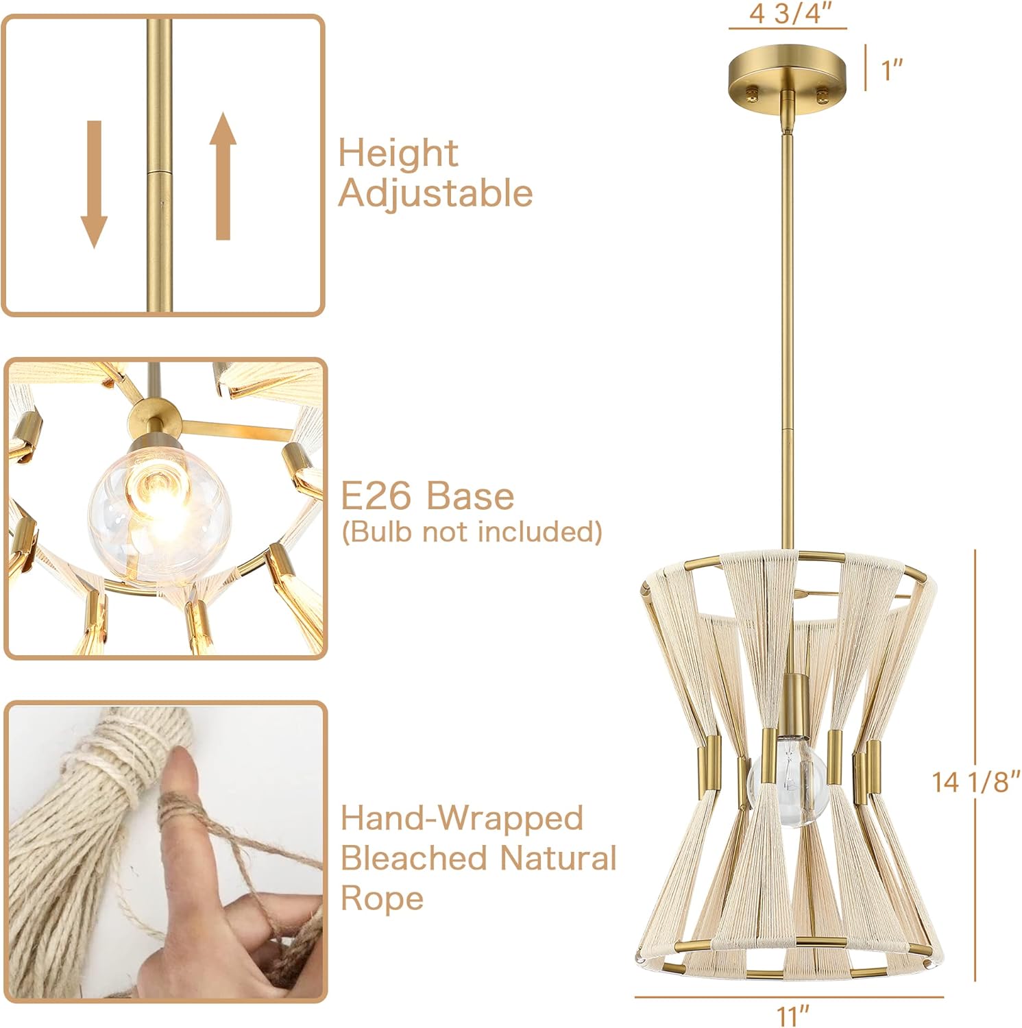 Untrammelife Modern Drum Pendant Light, Luxe Hand-Wrapped Bleached Natural Rope Hanging Pendant Light Fixtures, Coastal Boho Chandelier, Gold Finish, for Foyer Kitchen Dining Room