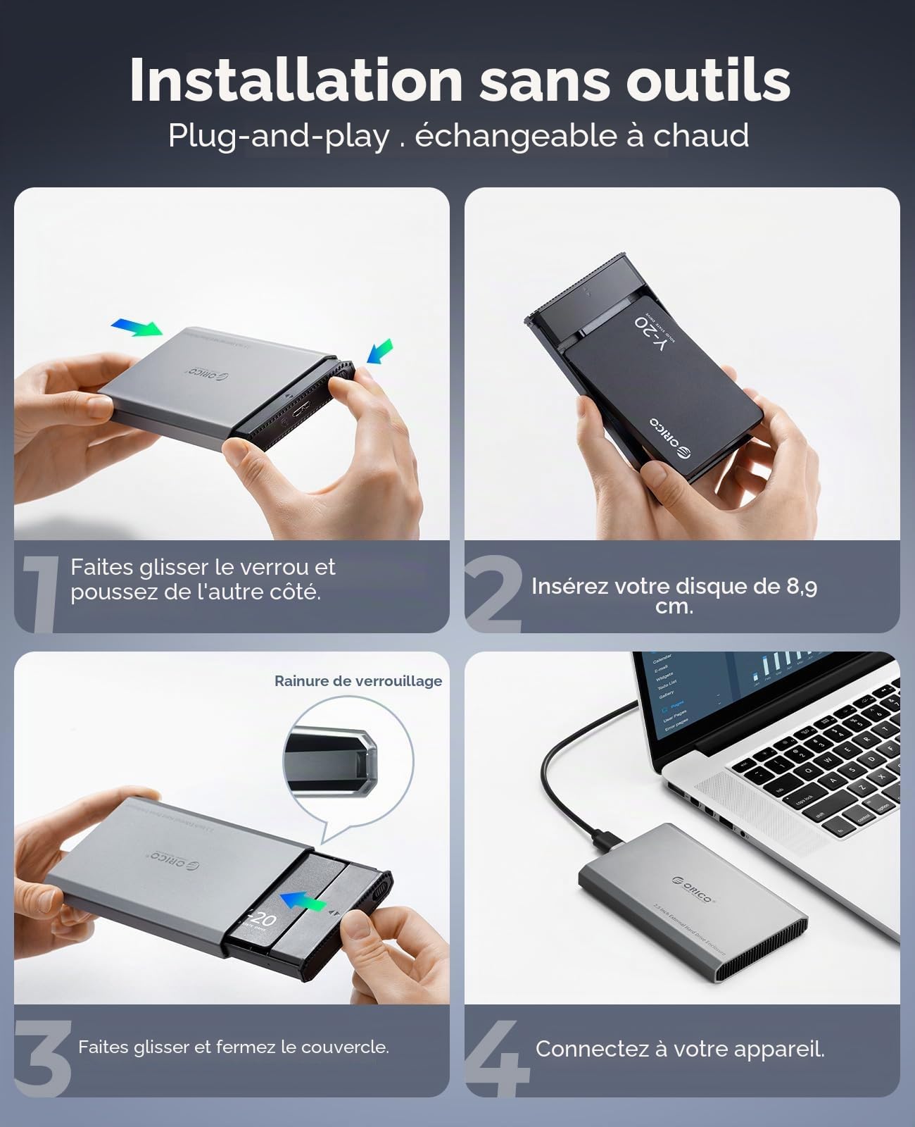 ORICO Aluminium Festplattengehäuse 2,5 Zoll USB 3.0, 5 Gbit/s Externes HDD Gehäuse für 2,5" SATA HDD SSD Maximal 6 TB mit USB Kabel, Unterstützt UASP (DD25U3)
