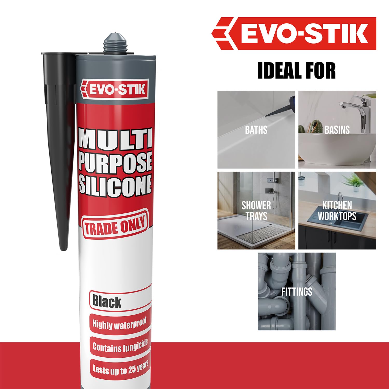 EVO-STIK Multipurpose Silicone Sealant Black - Waterproof & Mould Resistant - For Interior and Exterior Use — view 6