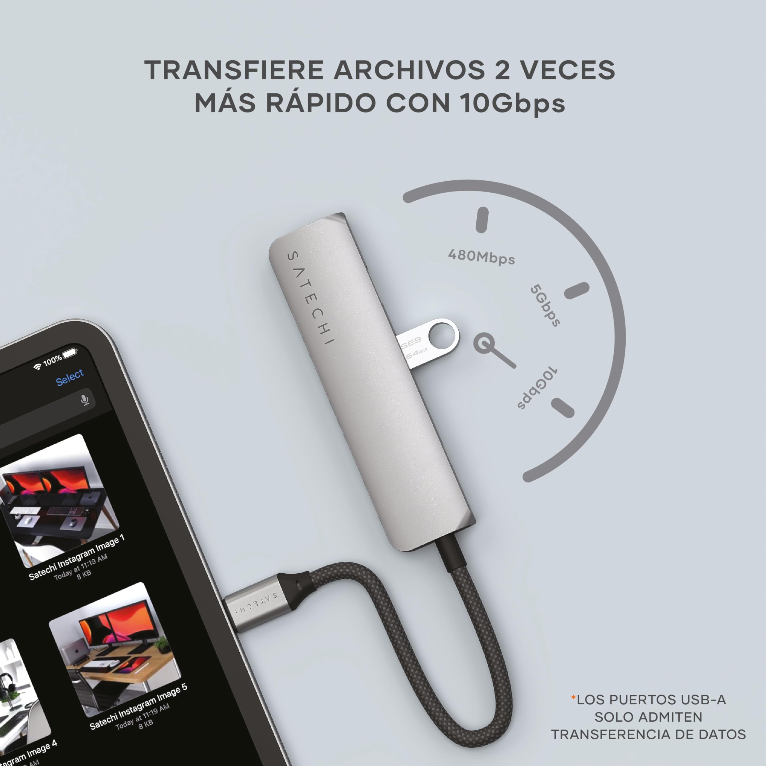 SATECHI Hub USB C 4 en 1 Slim Plus, PD 100W, HDMI 4K, Gris Espacial | 2x Puertos USB-A 10Gbps, vídeo 4K@60Hz, para MacBook Air/Pro/Neo, portátiles Windows y más
