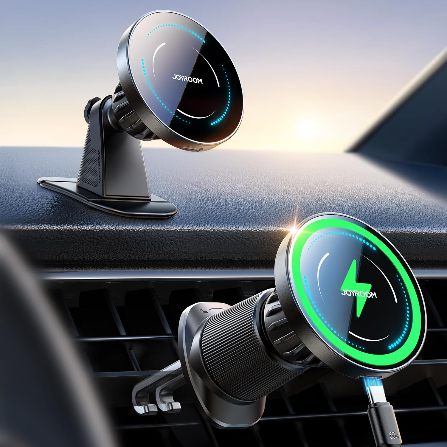 JOYROOM Soporte Movil Coche Magsafe Cargador Set 2 en 1 [Diseño Mejorado Doble Gancho] Cargador Magsafe Coche 15W, Cargador Inalambrico Coche Compatible iPhone 16 Pro MAX Plus 15/14/13/12