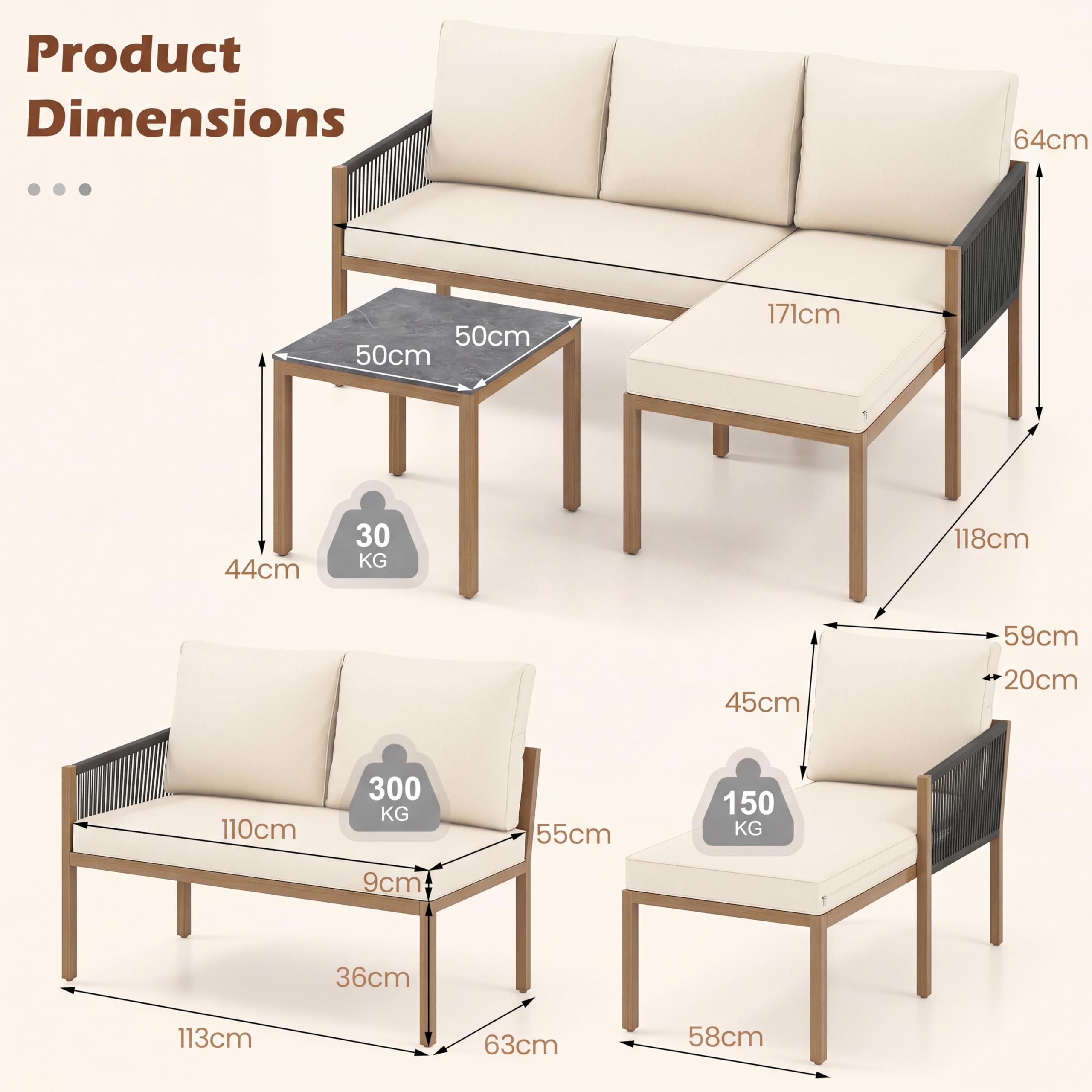 GIANTEX Conjunto de Muebles de Jardín de 3 Piezas, Set de Sofá de 2 Plazas, Tumbona y Mesa Cuadrada con Cojines de Fundas Desmontables, Marco de Metal, Tablero Efecto Mármol, para Terraza, Patio