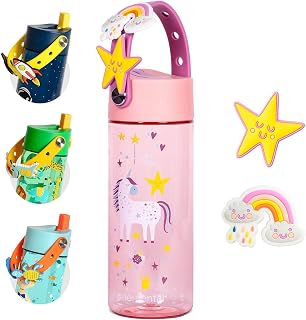 Elemental Water Bottles for Kids - Splash Kids Water Bottle for School with Fun Charm Handle - BPA Free Tritan Plastic Bottle with Straw Leak Proof When Spout is Closed - 18oz - Unicorn Dream
