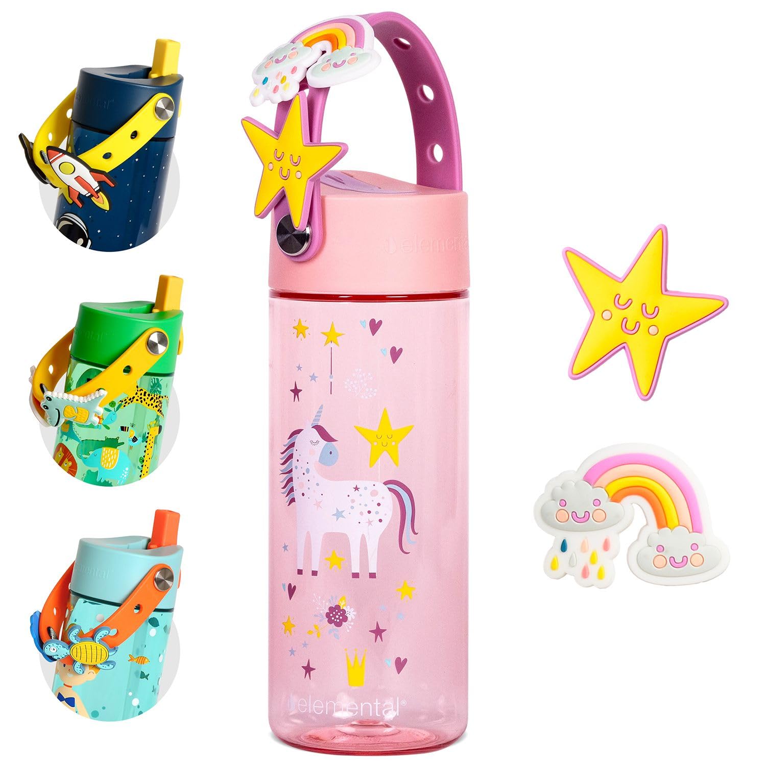 Elemental Water Bottles for Kids - Splash Kids Water Bottle for School with Fun Charm Handle - BPA Free Tritan Plastic Bottle with Straw Leak Proof