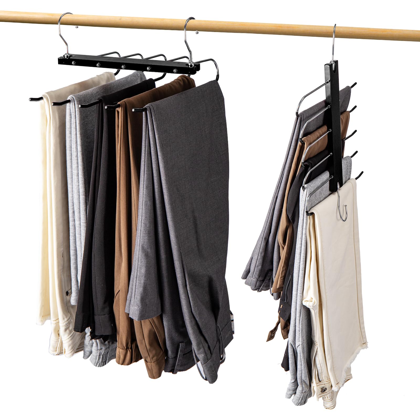 Youyijia 5-Layer Trouser Hangers Space Saving 2-Pack Multi-Functional Wardrobe Organizers Non-Slip Pants Hangers Closet Organizers for Jeans Clothes Scarves and Towels (Black)