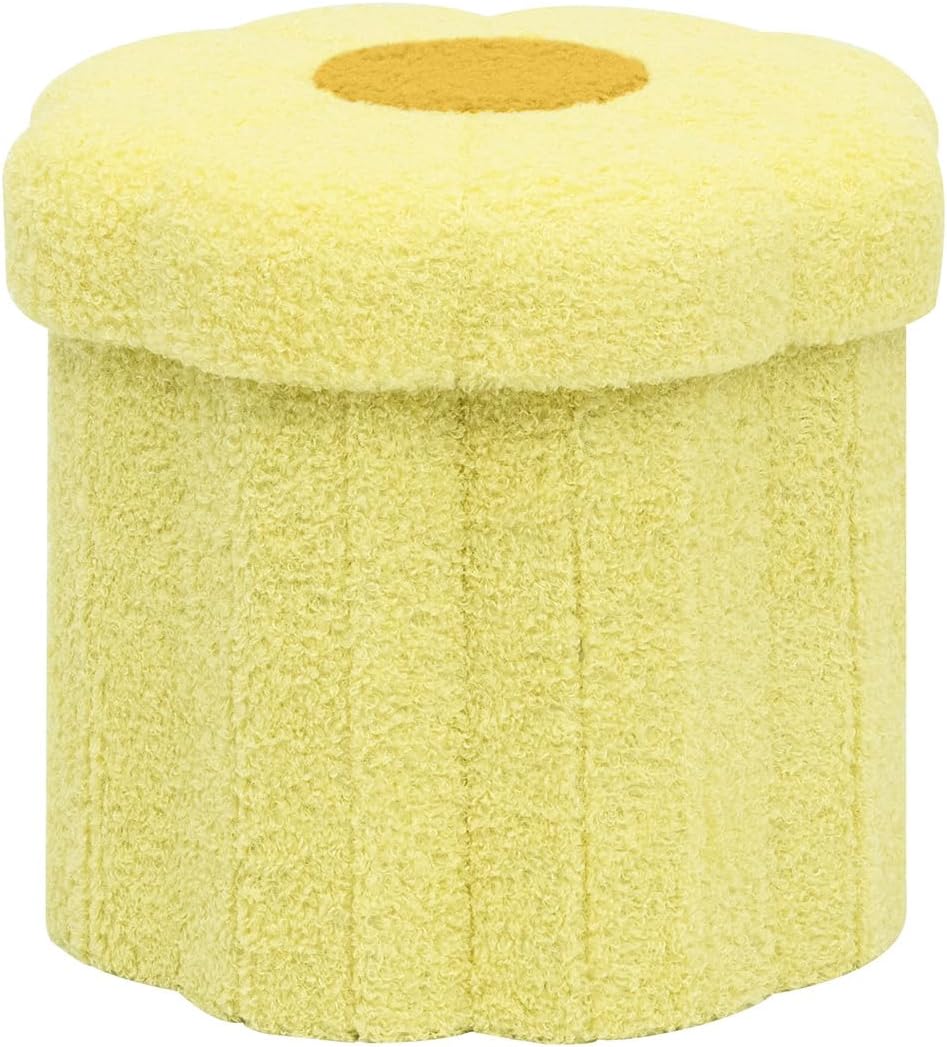 B FSOBEIIALEO Storage Ottoman Foldable, Sunflower Shaped Small Footrest Collapsible Folding Seat Bench for Bedroom Living Room Entryway, Faux Teddy Fur, Yellow 32x32x29 cm