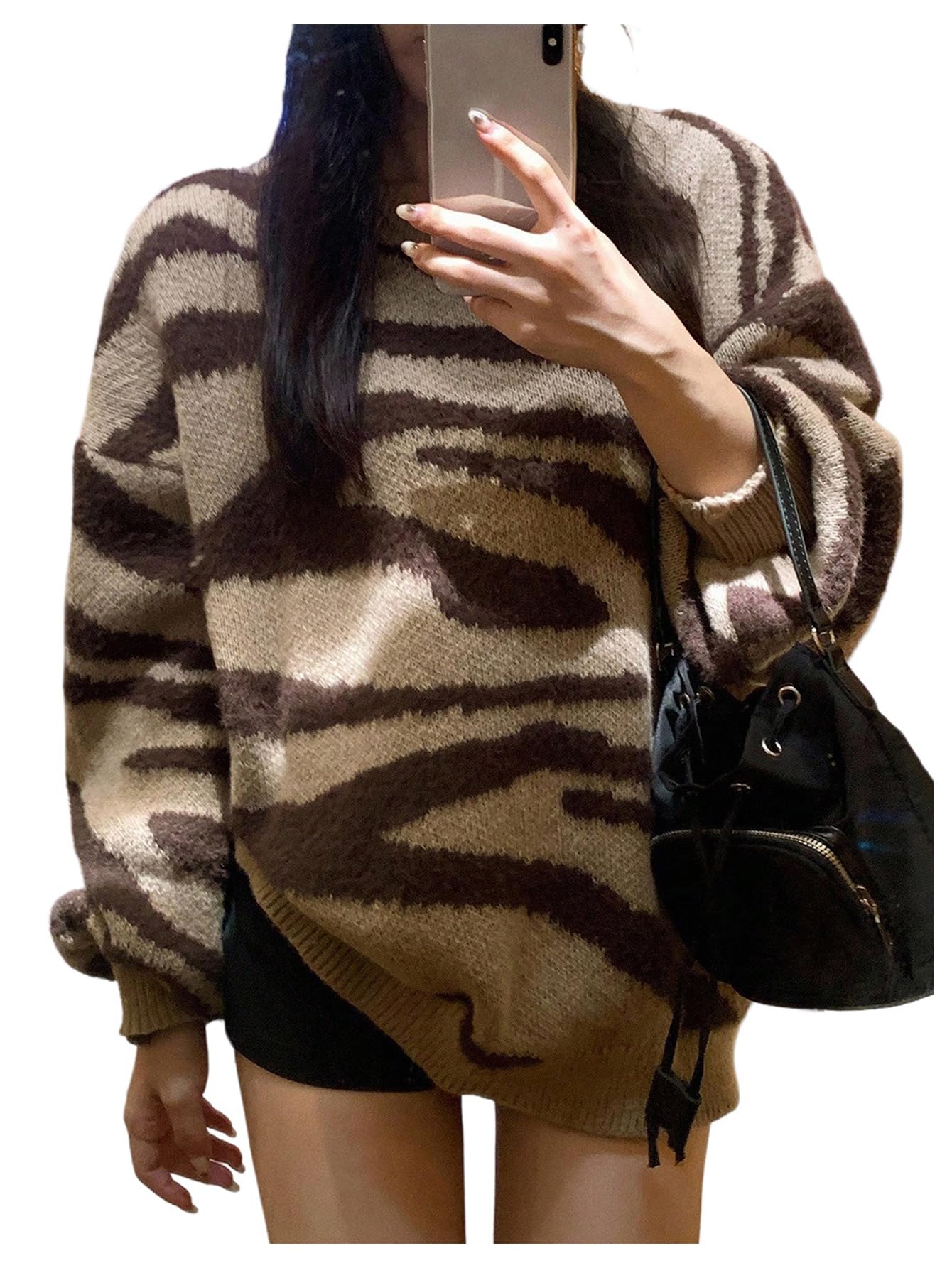 MakeMeChic Womens Zebra Striped Sweater Crewneck Long Sleeve Oversized Y2k Pullover Tops