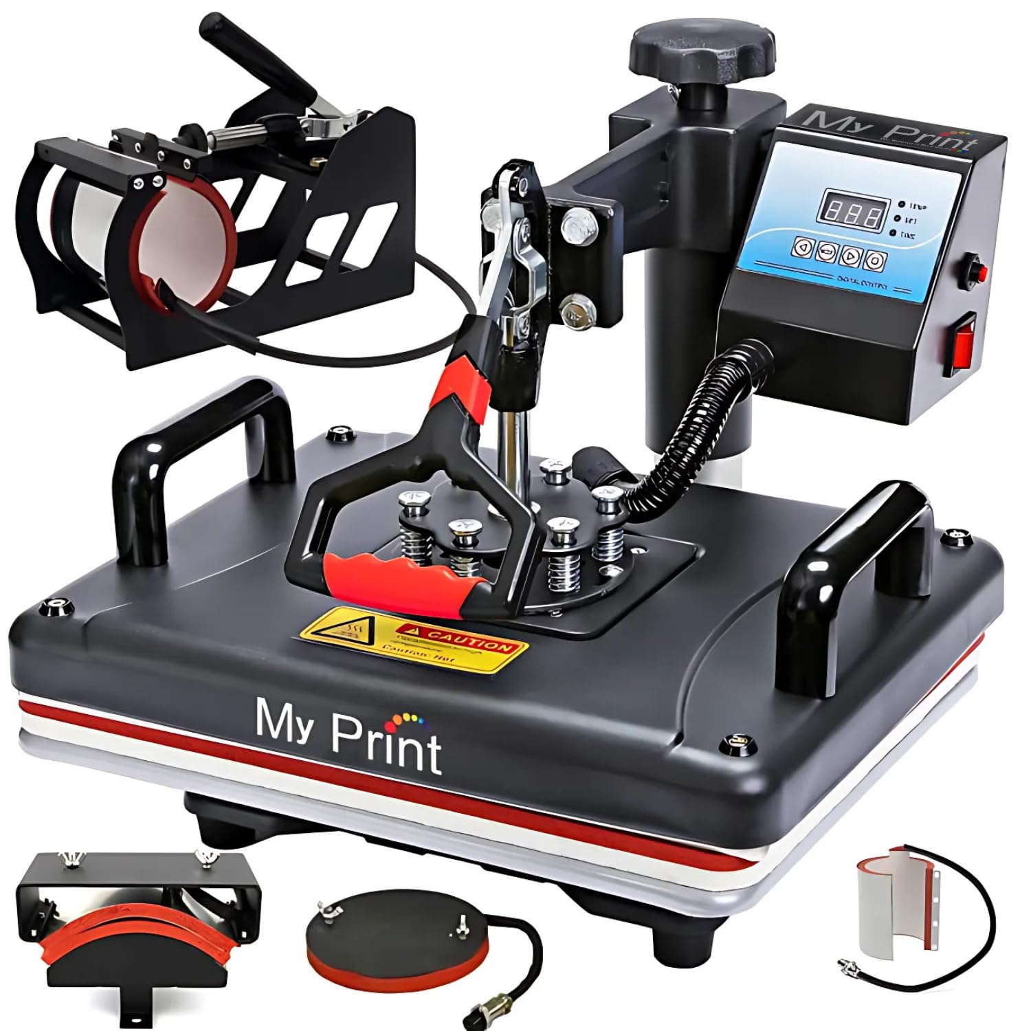 MY PRINT | Heat Press 5 in 1 Digital Multi Functional | DTF PRINTING | Sublimation Printing | Vinyl Printing Machine for T-Shirts [Any Flat Product] with Cap Press, Plate Press, Mug Press, with extra Mug Attachment | 12x15 Inch | for Business Supplies