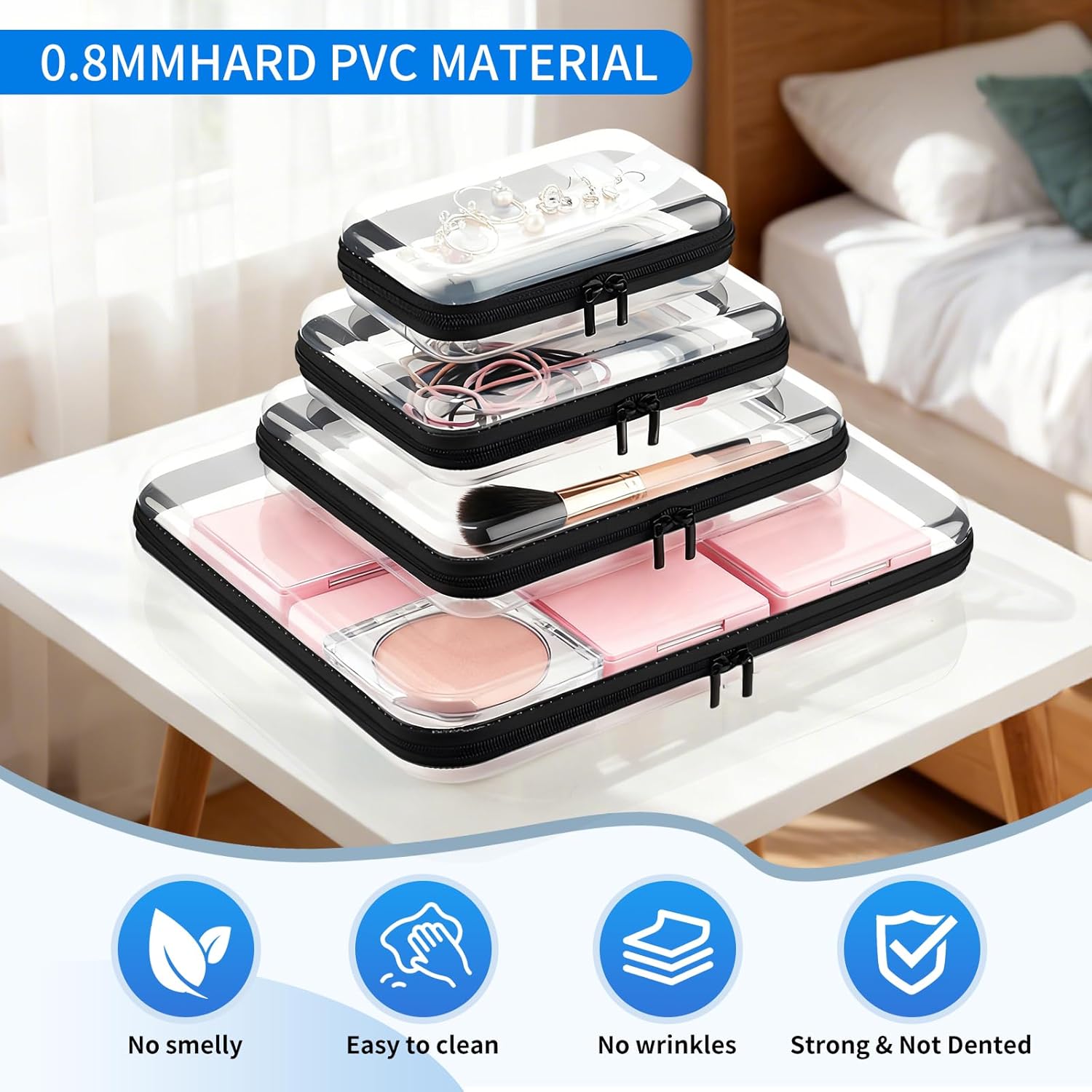 Clear PET Plastic Storage Boxes with Double Zippers, 4 Sizes (S/M/L/XL) Waterproof Organizer Cases for Toys, Cosmetics, Snacks, Travel Essentials (Black)