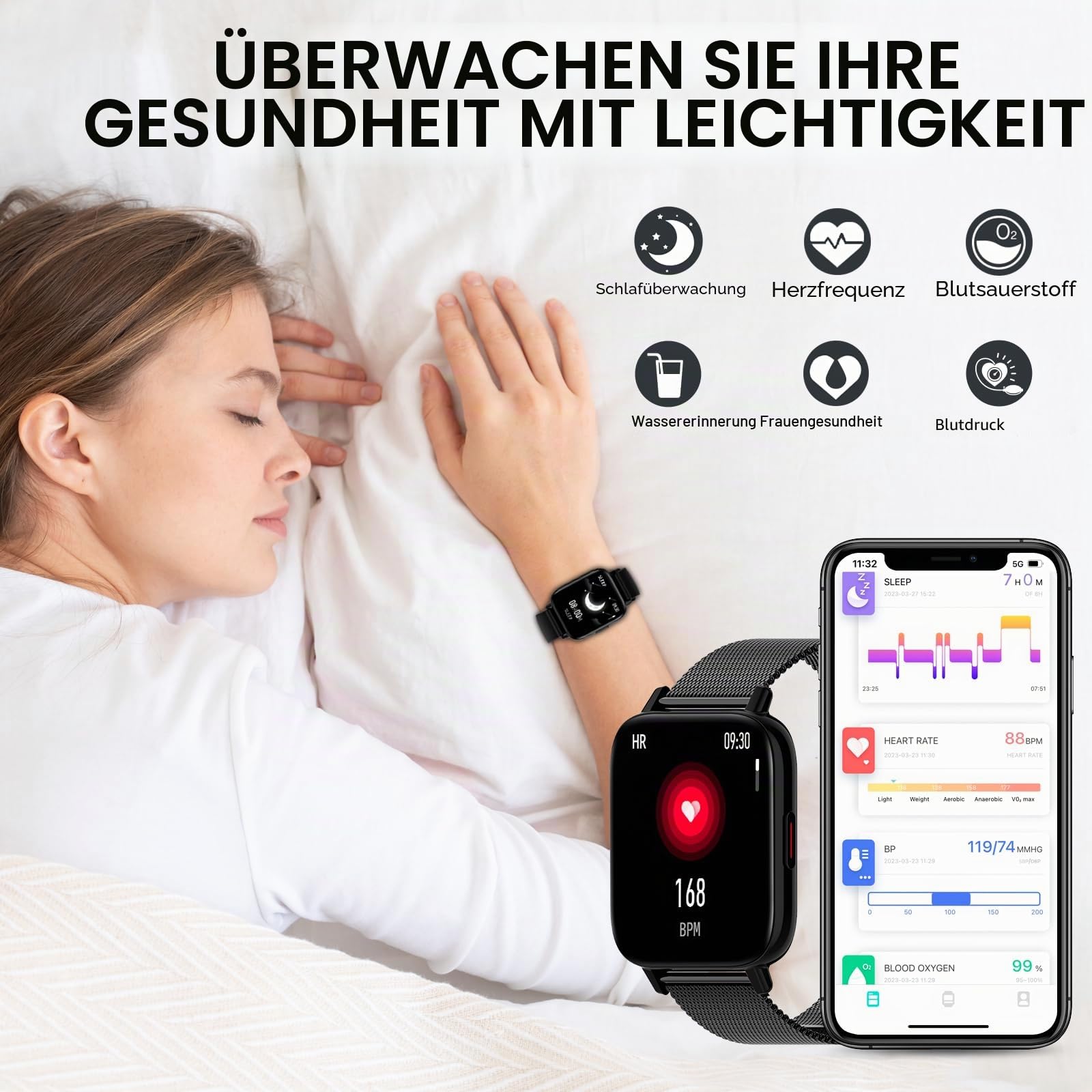 Smartwatch Damen 1,69 Zoll Bluetooth Anrufe Fitnessuhr Herzfrequenzmonitor Schlafmonitor Schrittzähler SpO2 Fitness Tracker Kalorien Musiksteuerung