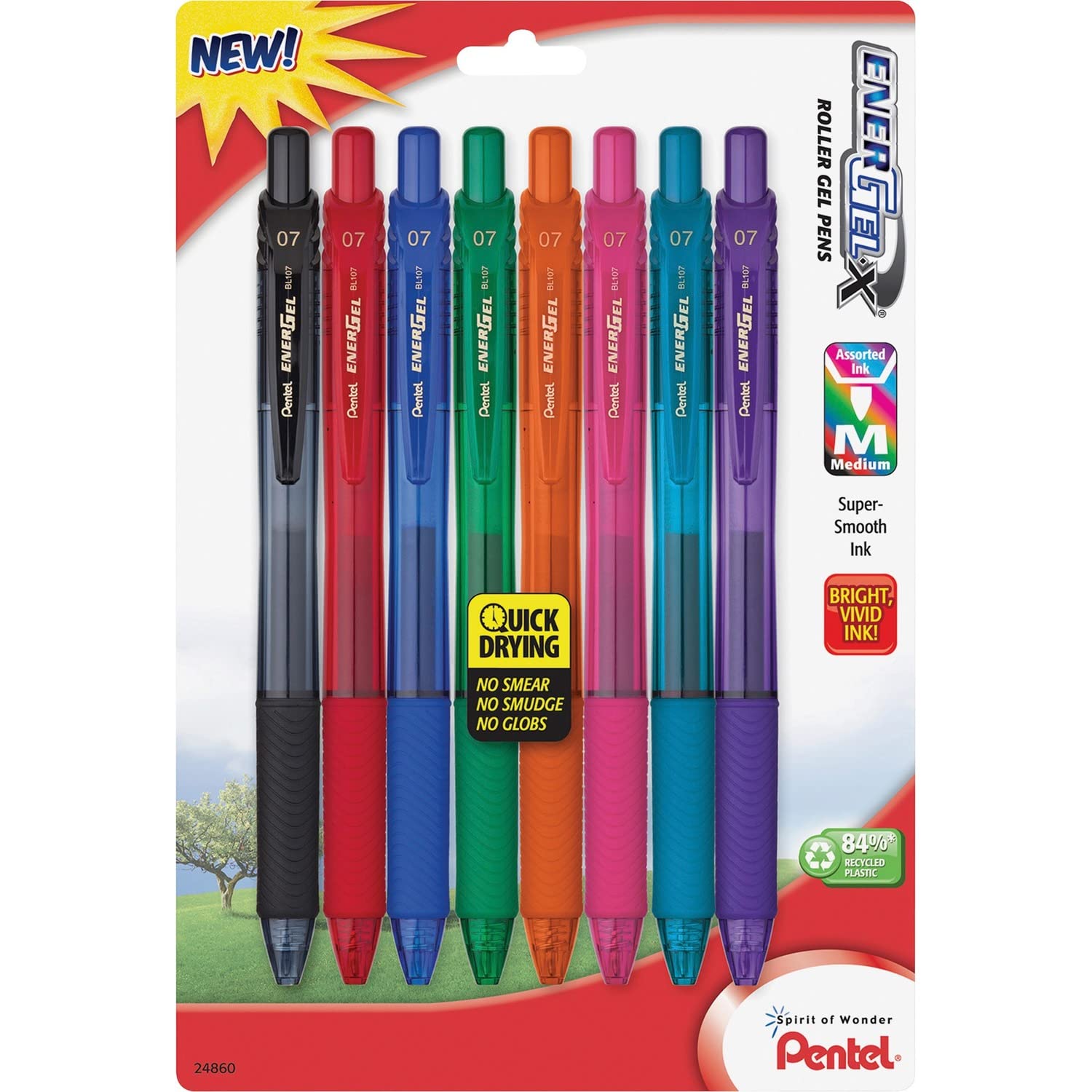 Pentelof America, Ltd BL107CRBP8M Gel Pens, Retractable, .7mm, 8/PK, Assorted Barrel/Ink