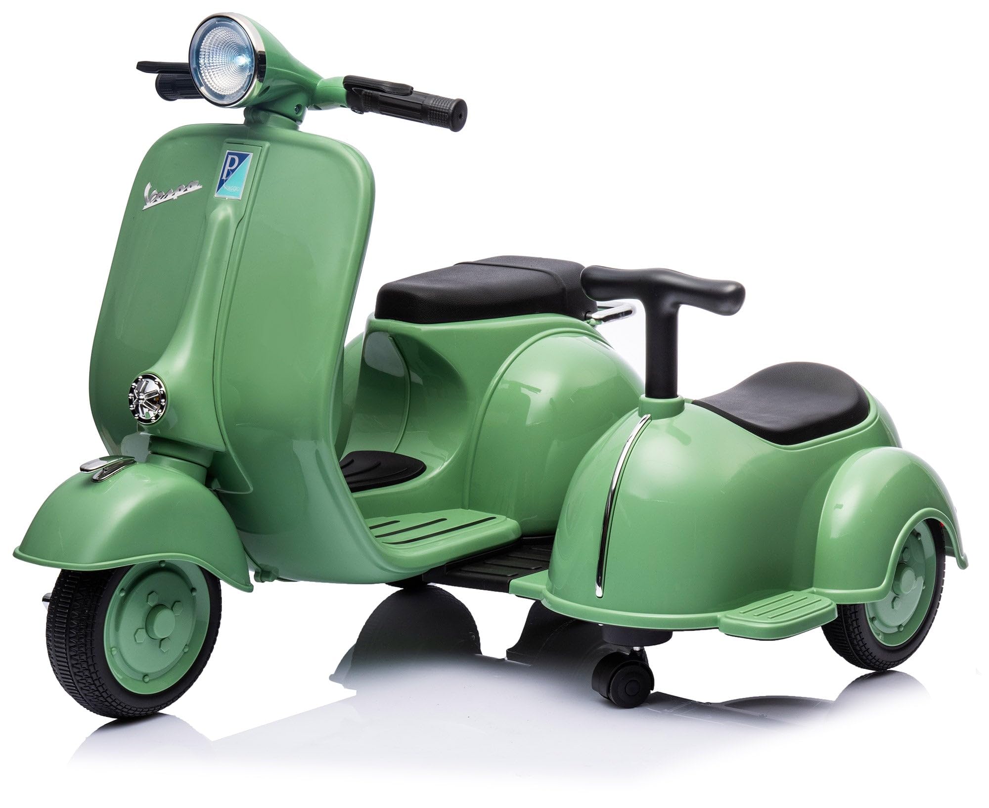 MR J toys&more Piaggio Vespa con Sidecar Small Elettrica 6V per Bambini con USB e luci mp3 Due posti Suoni e mp3 Elettrica (Verde)