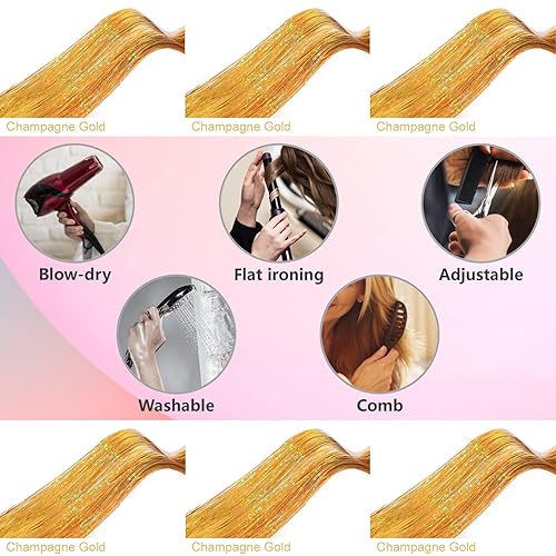 Miniatura 2 de Kit de oropel de cabello dorado champán con herramientas e instrucciones (idioma español no garantizado), fácil de usar, 1200 hebras de 48 pulgadas,