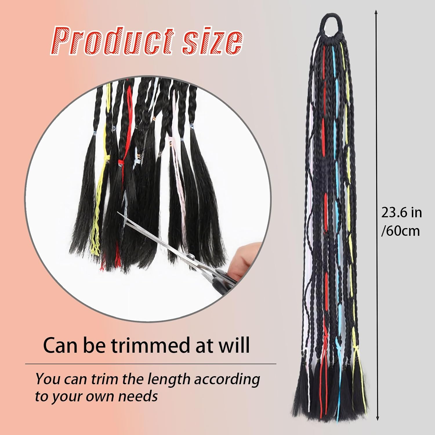 Colored Mix Braiding Hair Dreadlocks,Handmade Braided Ponytail Extension with Hair Tie,Synthetic Long Twisted Hairpieces,Colored,23.6 Inches,2 Pieces - Image 2