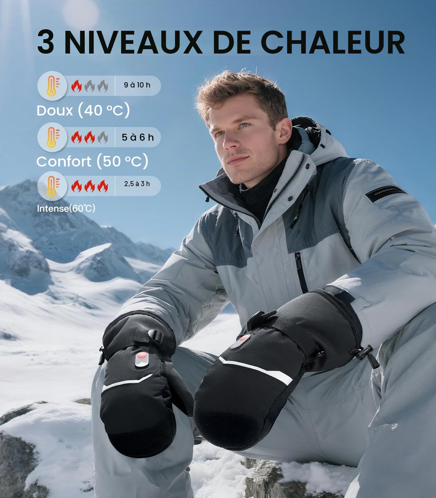 day wolf Mitaines Gants chauffantes pour Hommes et Femmes, Gants Chauffants Rechargeables avec écran Tactile 7.4V 2200mAh Batterie Gants de Ski étanches pour Skier Snowboard Camping Randonnée