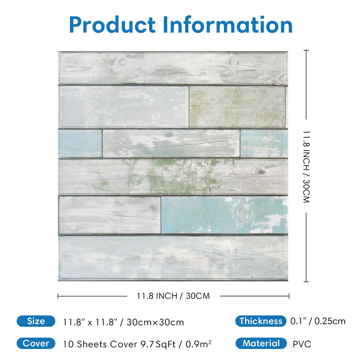 COMSTICKC Pannelli Murali 3d Adesivi Effetto Legno Bianco, 10 Pezzi 30x30 Cm, Pannelli Murali In PVC Legno Per Decorativi Pareti Interne Cucina, Bagno, Soggiorno, Impermeabile, Marrone-verde
