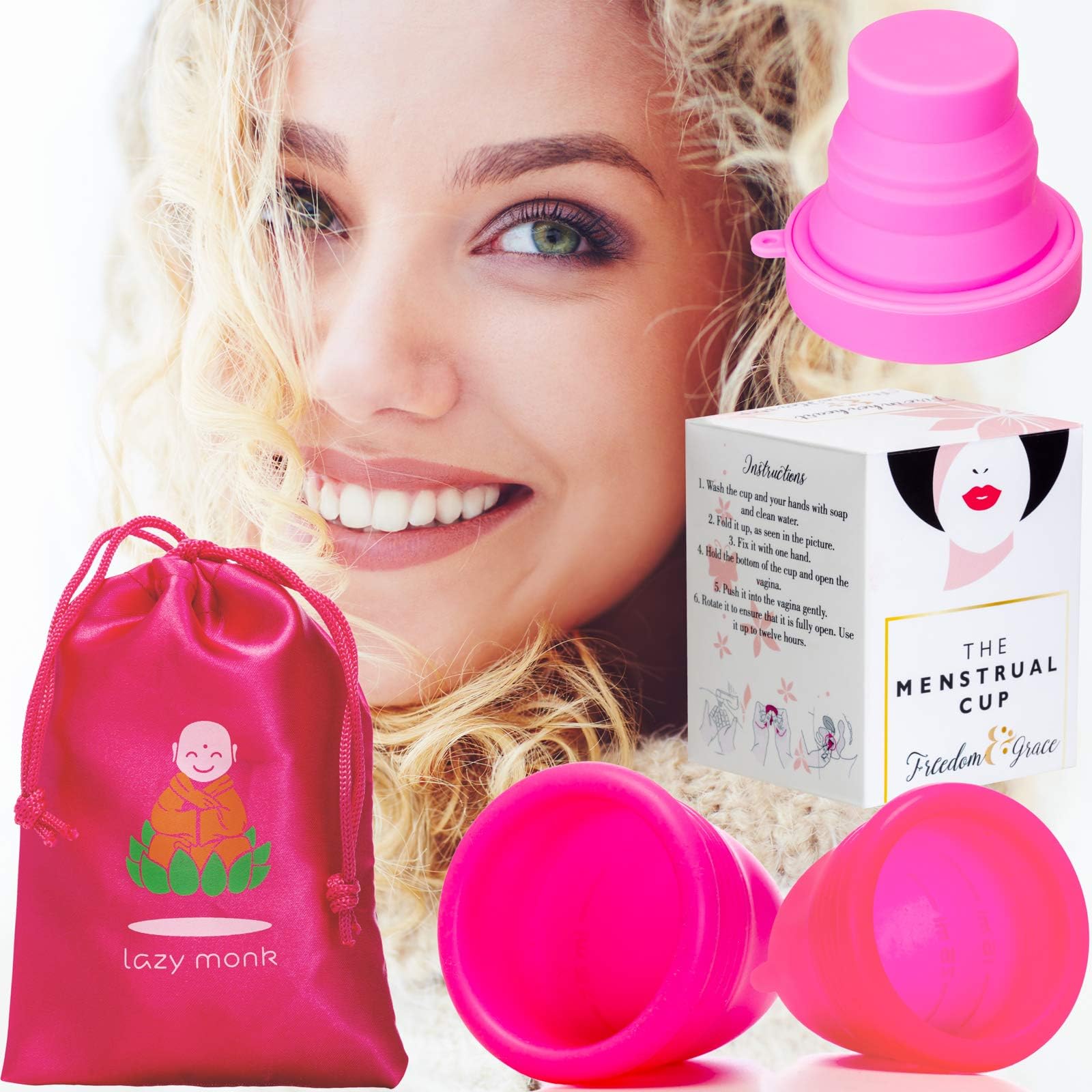 Lazy Monk Menstrual Cup Pack 2 Reusable Period Cups Small & Large, Foldable Compact Case Holder & Pouch | Soft La Copa Menstrual Organic Menstral Disc Menstruation Set | Menstration Women Feminine Cup